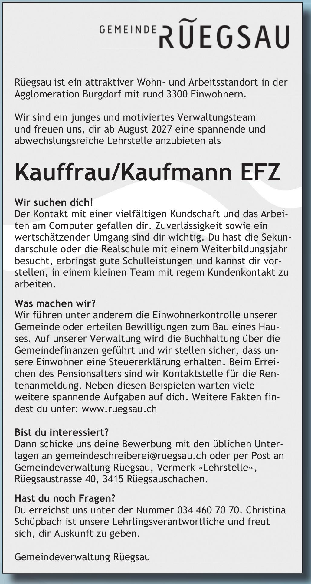 Kauffrau/Kaufmann EFZ, Ruegsau, Rüegsauschachen, zu vergeben