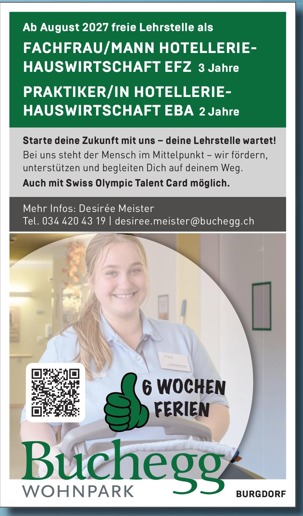 FACHFRAU/MANN HOTELLERIE-HAUSWIRTSCHAFT EFZ 3 Jahre, Buchegg Wohnpark, Burgdorf, Gesucht