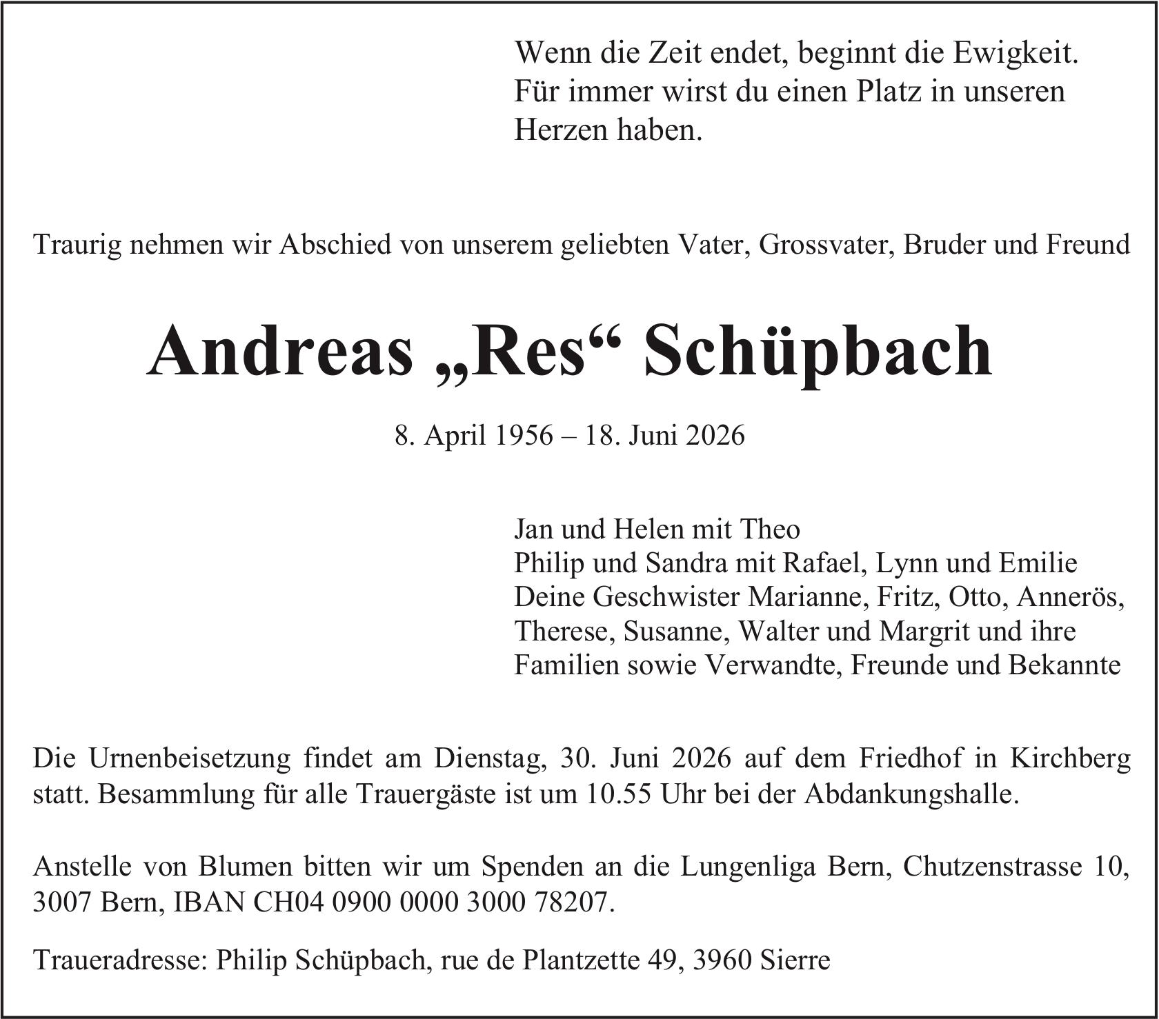 Andreas „Res“ Schüpbach, Juni 2026 / TA