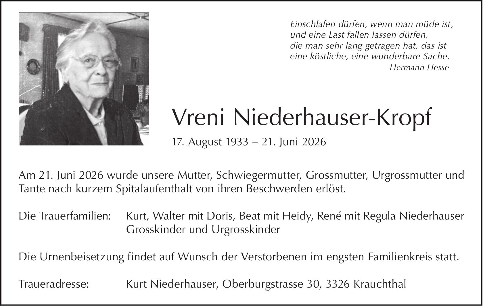 Vreni Niederhauser-Kropf, Juni 2026 / TA
