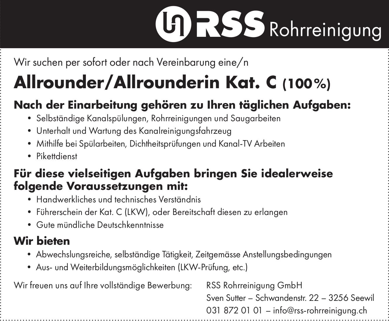 Allrounder/Allrounderin Kat. C (100%), RSS Rohrreinigung GmbH, Seewil, Gesucht