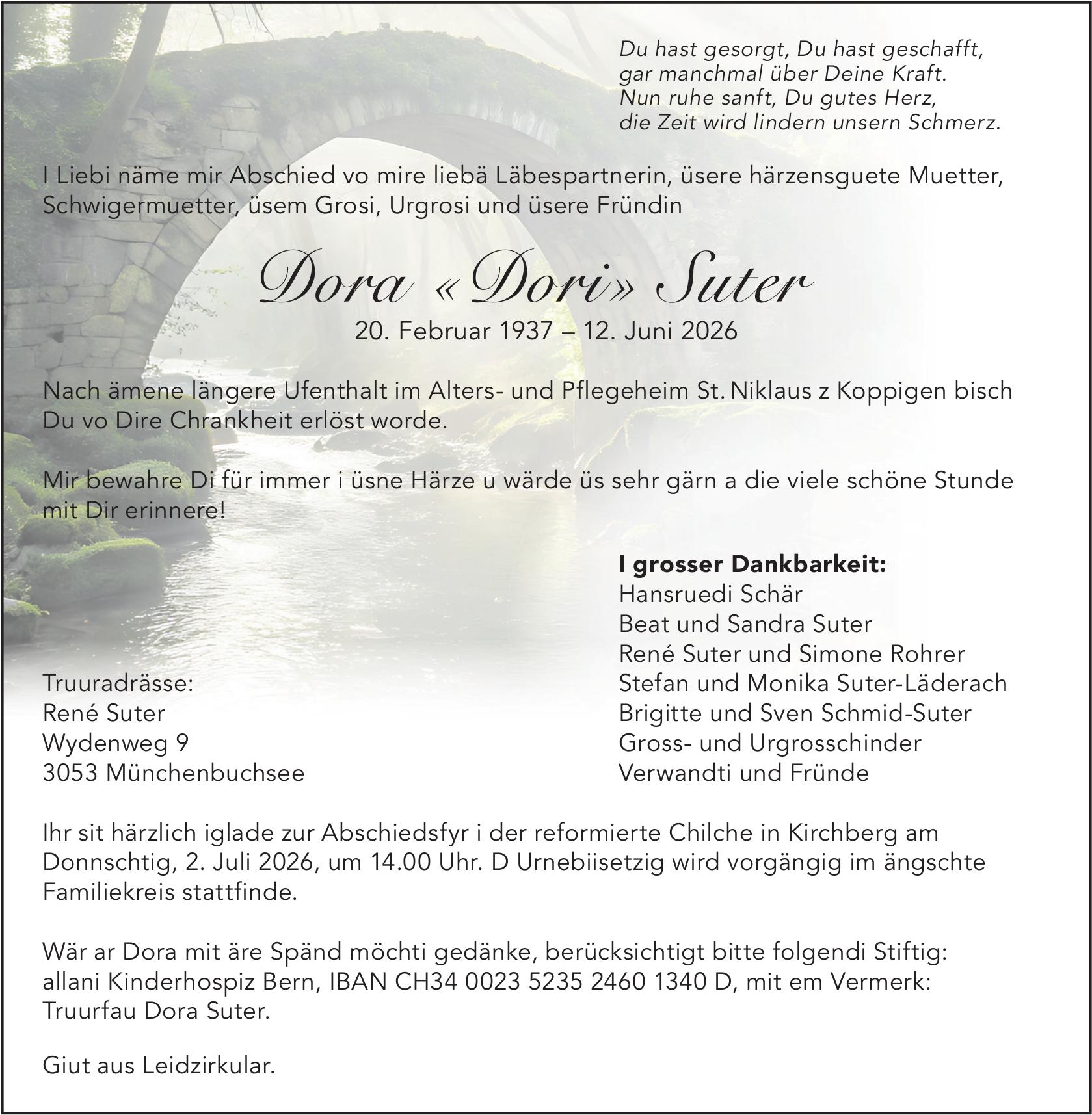 Dora «Dori» Suter, Juni 2026 / TA