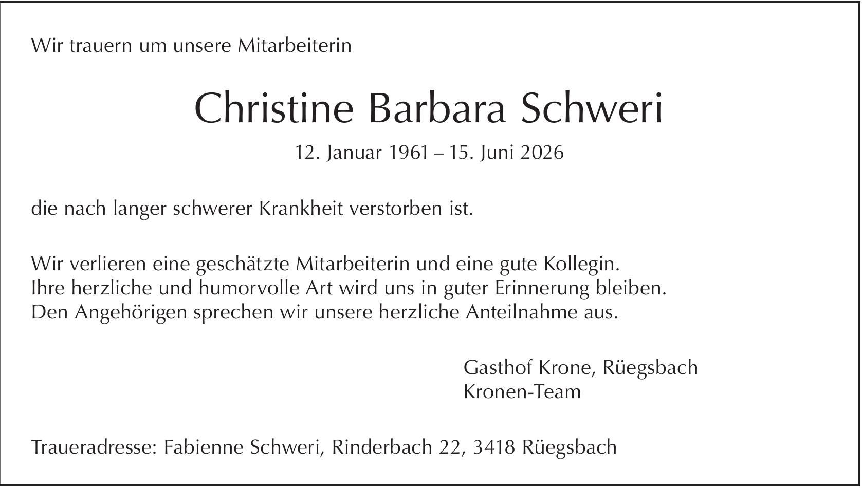 Christine Barbara Schweri, Juni 2026 / TA