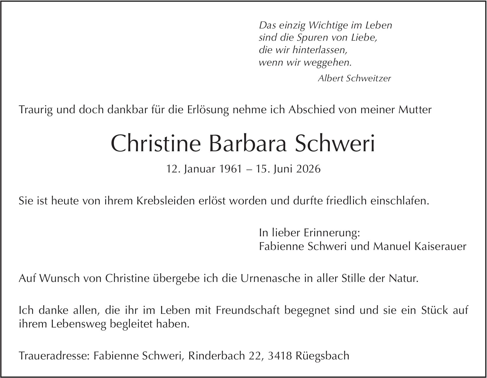 Christine Barbara Schweri, Juni 2026 / TA