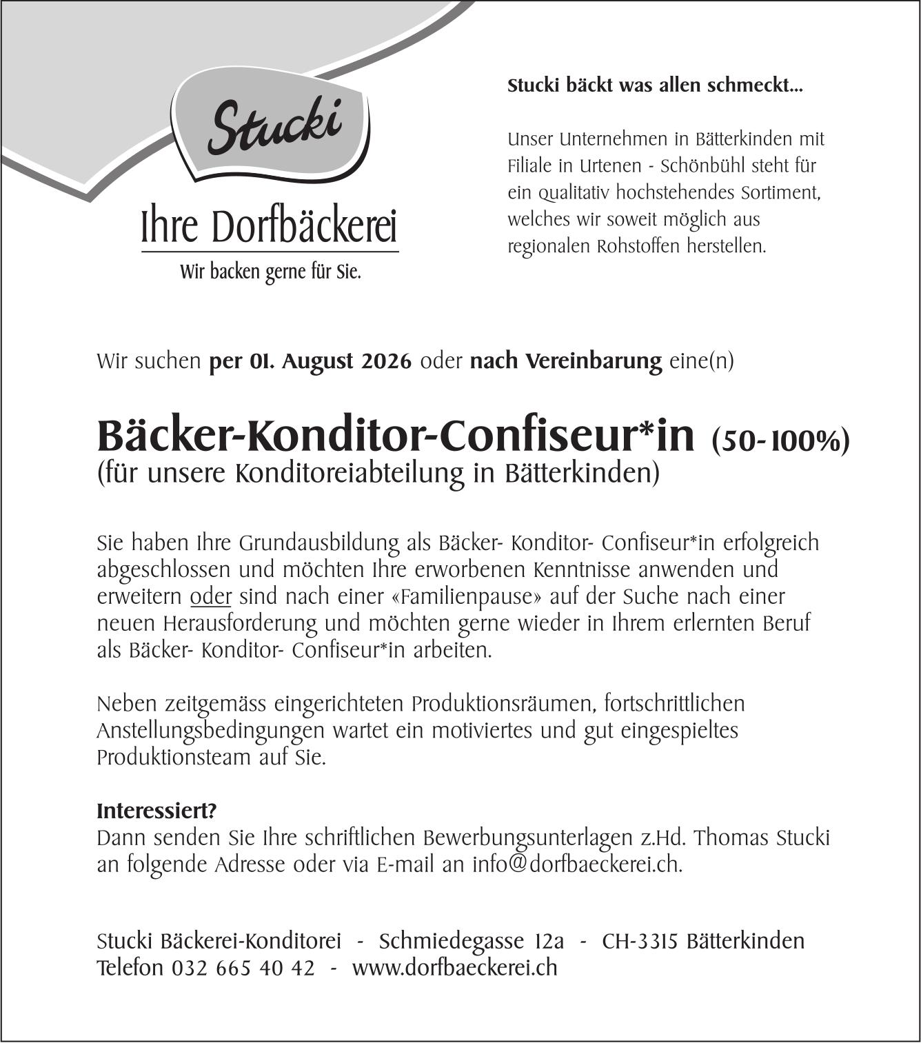 Bäcker-Konditor-Confiseur*in (50-100%), Stucki Bäckerei-Konditorei, Bätterkinden, Gesucht