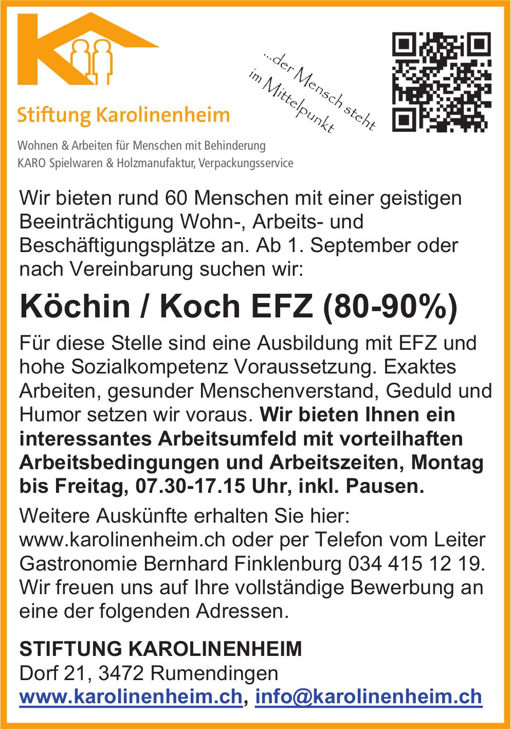 Köchin / Koch EFZ (80-90%), Stiftung Karolinenheim, Rumentingen, Gesucht