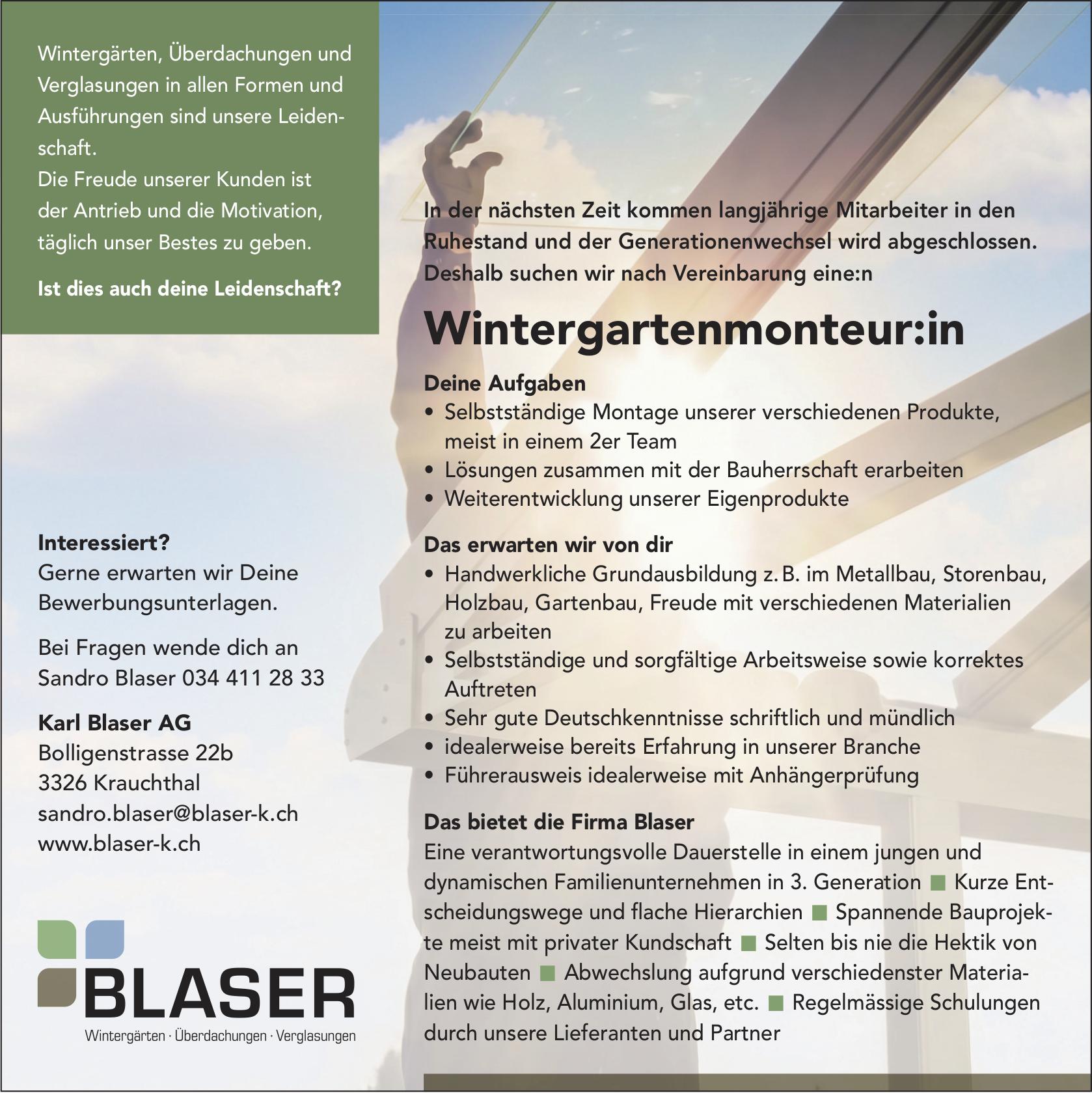 Wintergartenmonteur:in, Karl Blaser AG, Krauchthal, Gesucht