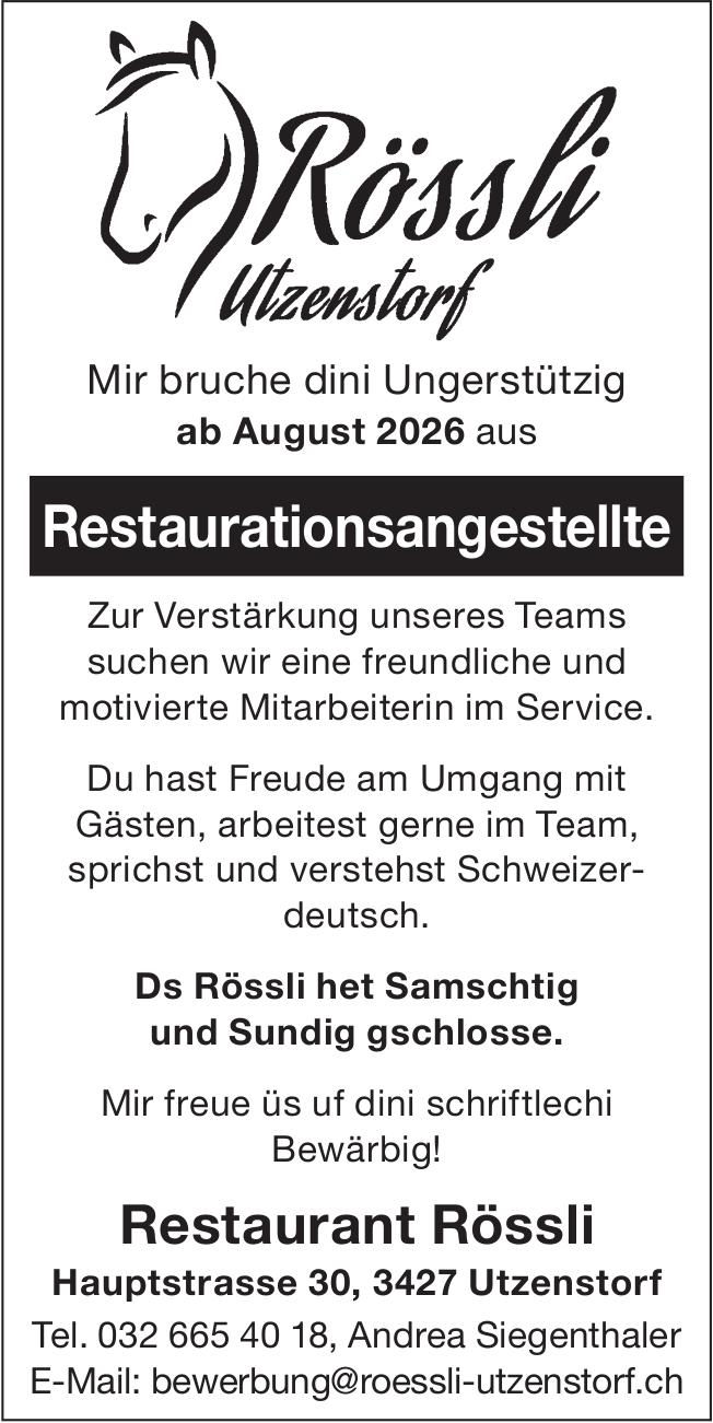 Restaurationsangestellte, Restaurant Rössli, Utzenstorf, Gesucht