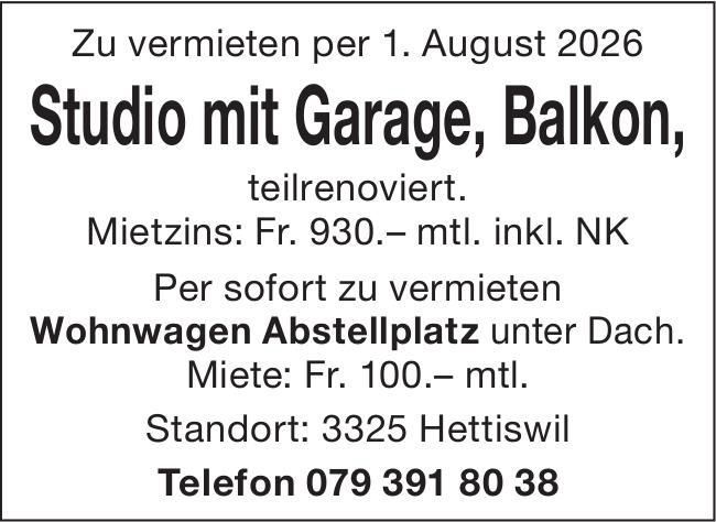 Studio mit Garage, Balkon, Studio Zimmer-Wohnung, Hettiswil, zu vermieten