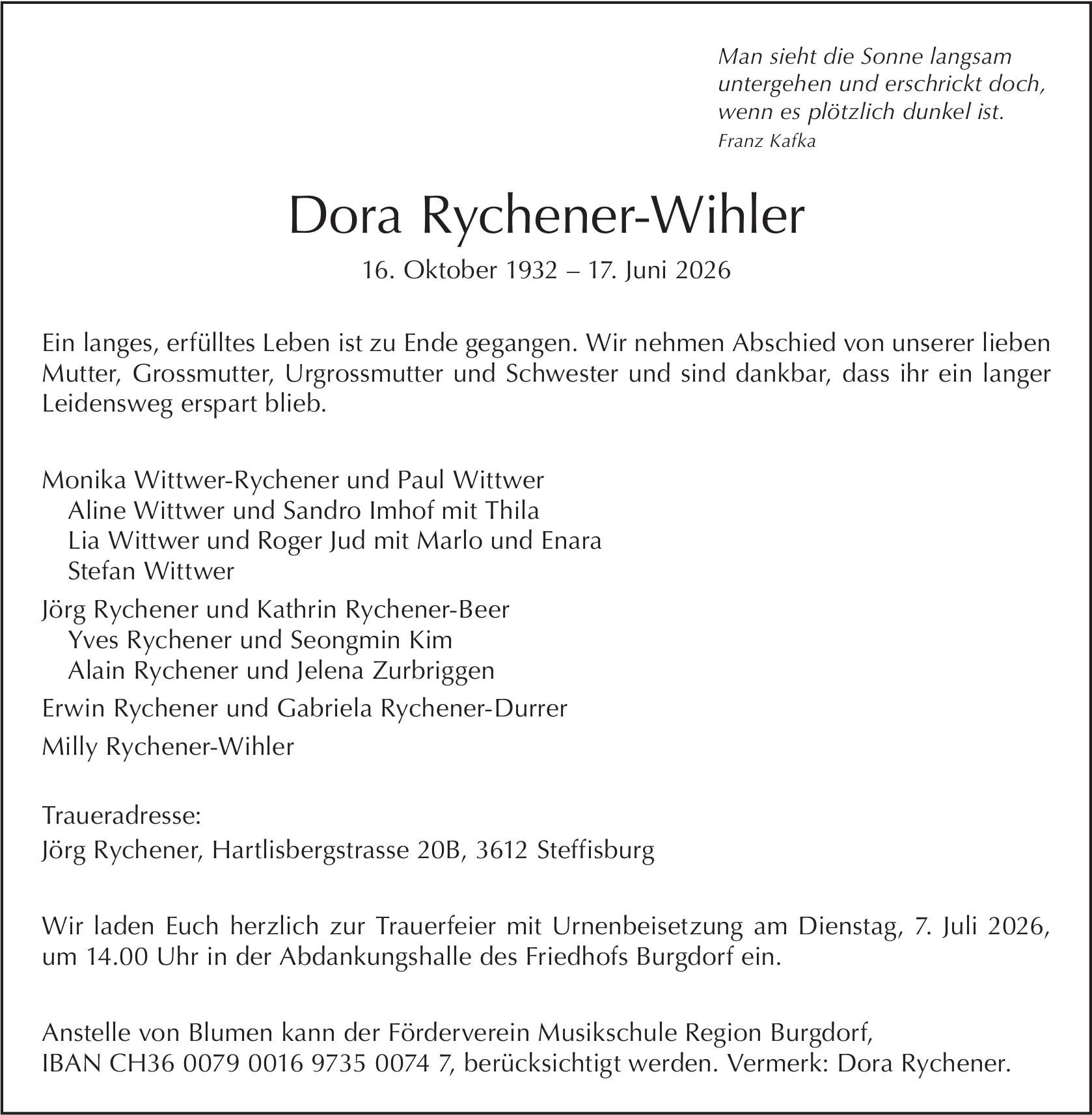 Dora Rychener-Wihler, Juni 2026 / TA
