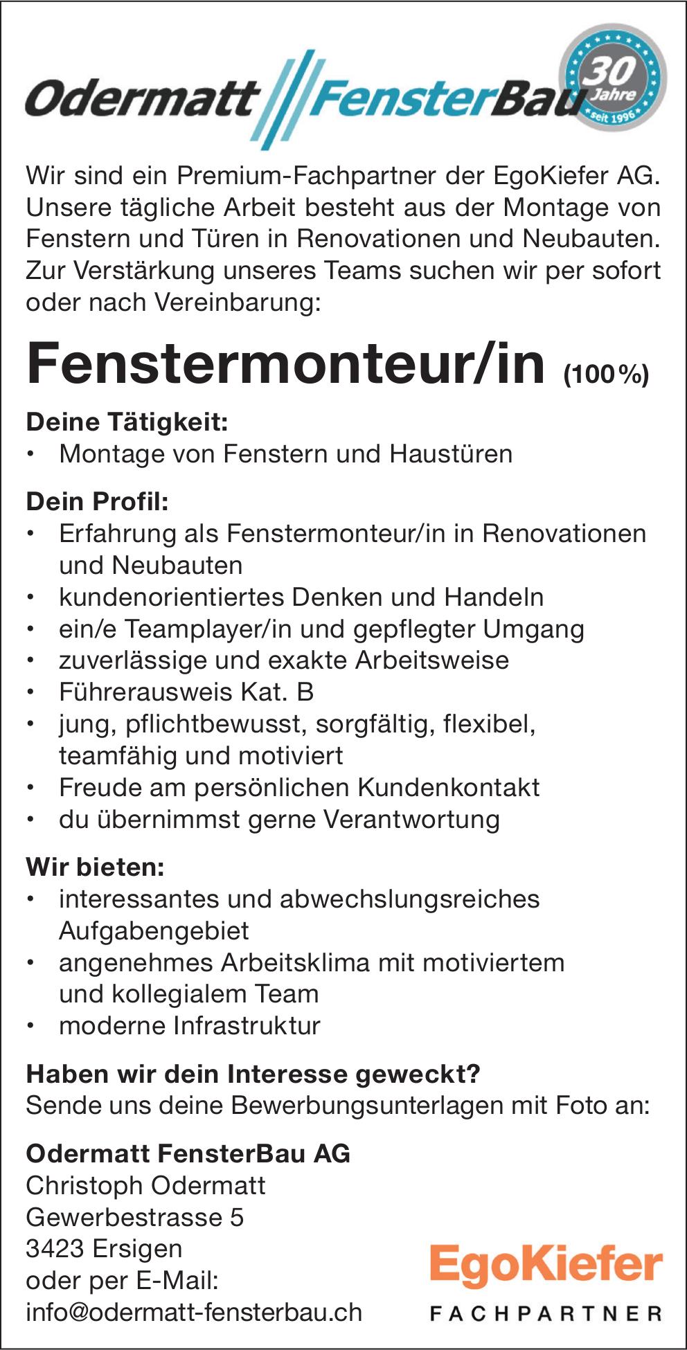 Fenstermonteur/in (100%), Odermatt FensterBau AG, Ersigen, Gesucht
