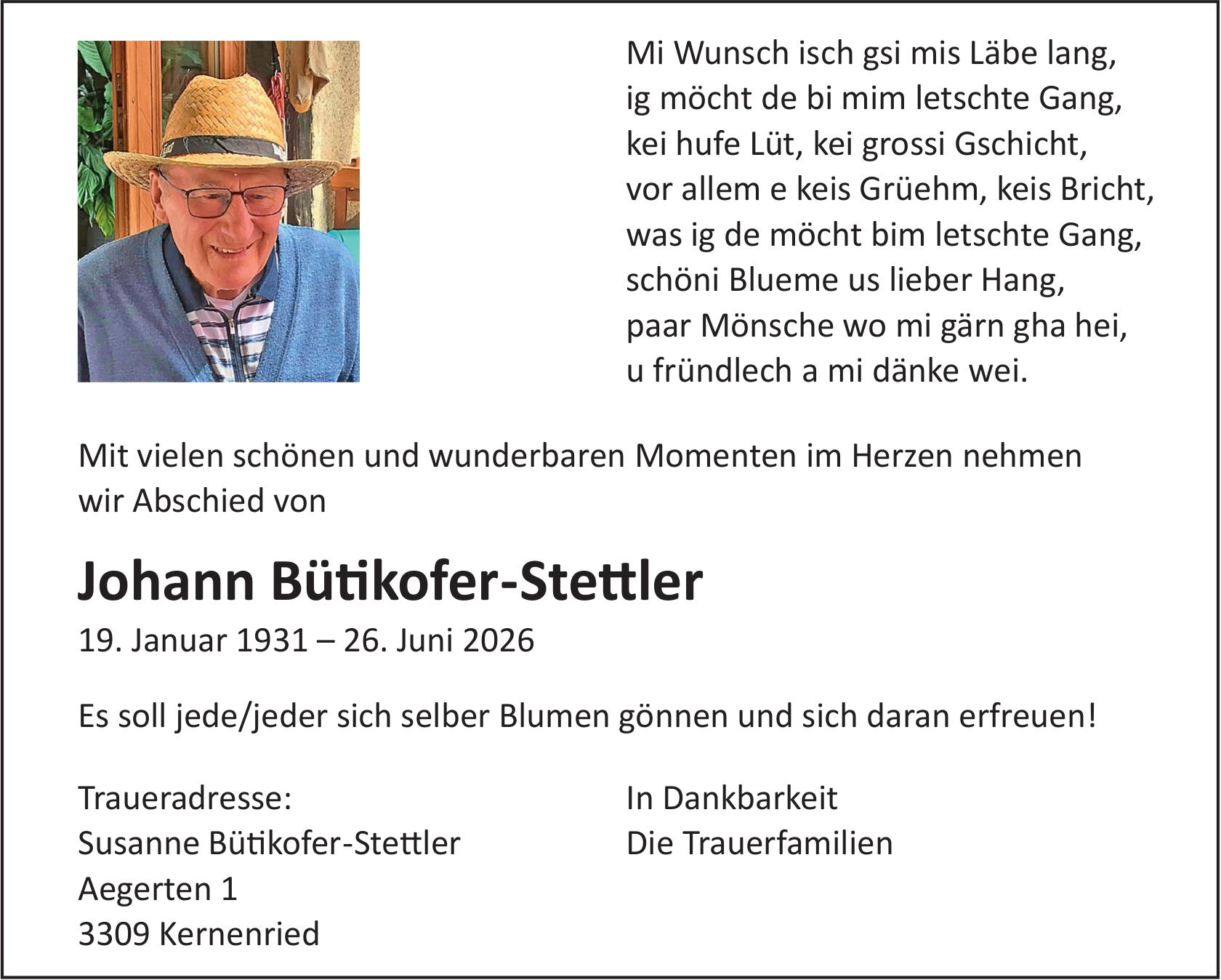 Johann Bütikofer-Stettler, Juni 2026 / TA