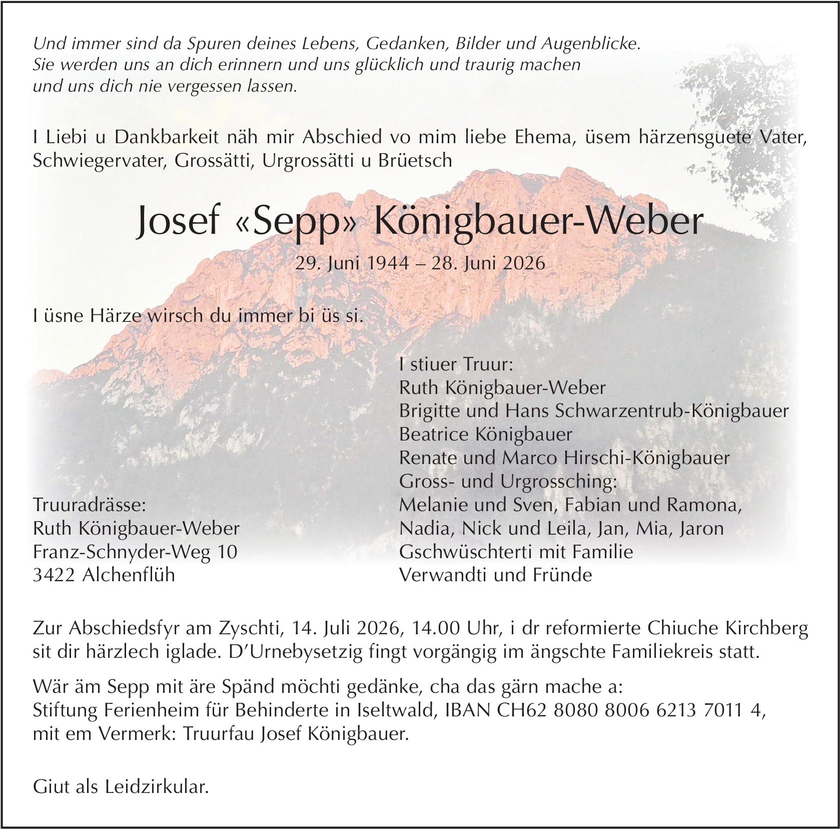 Josef «Sepp» Königsbauer-Weber, Juni 2026 / TA