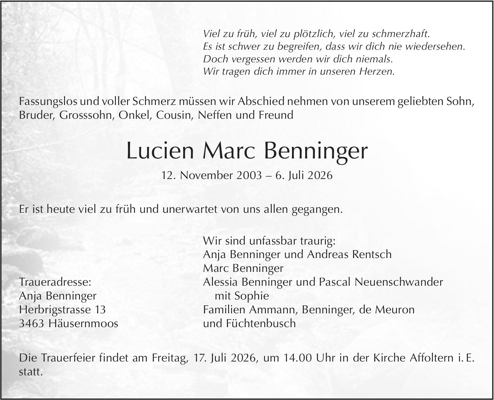 Lucien Marc Benninger, Juli 2026 / TA