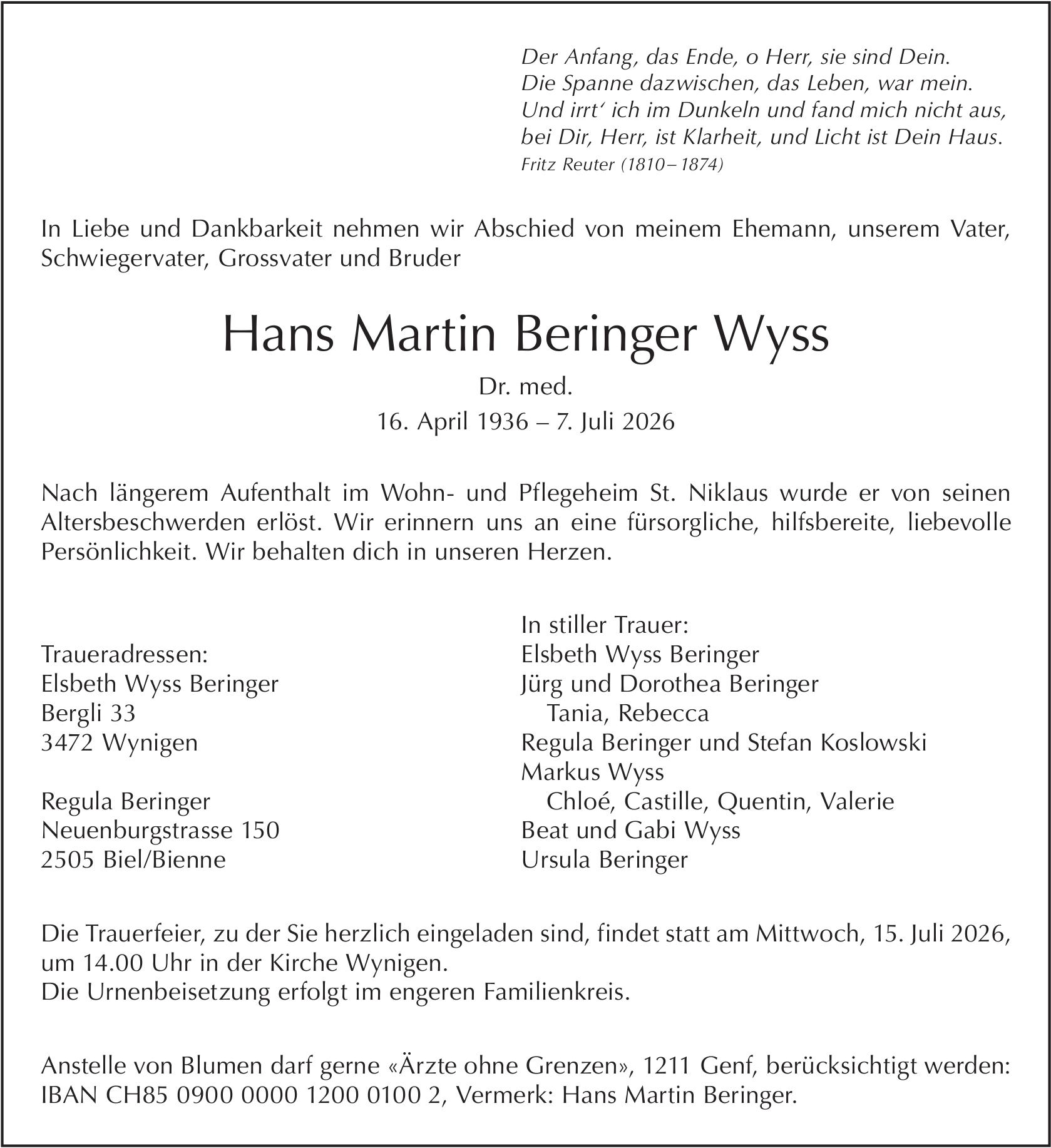 Hans Martin Beringer Wyss, Juli 2026 / TA