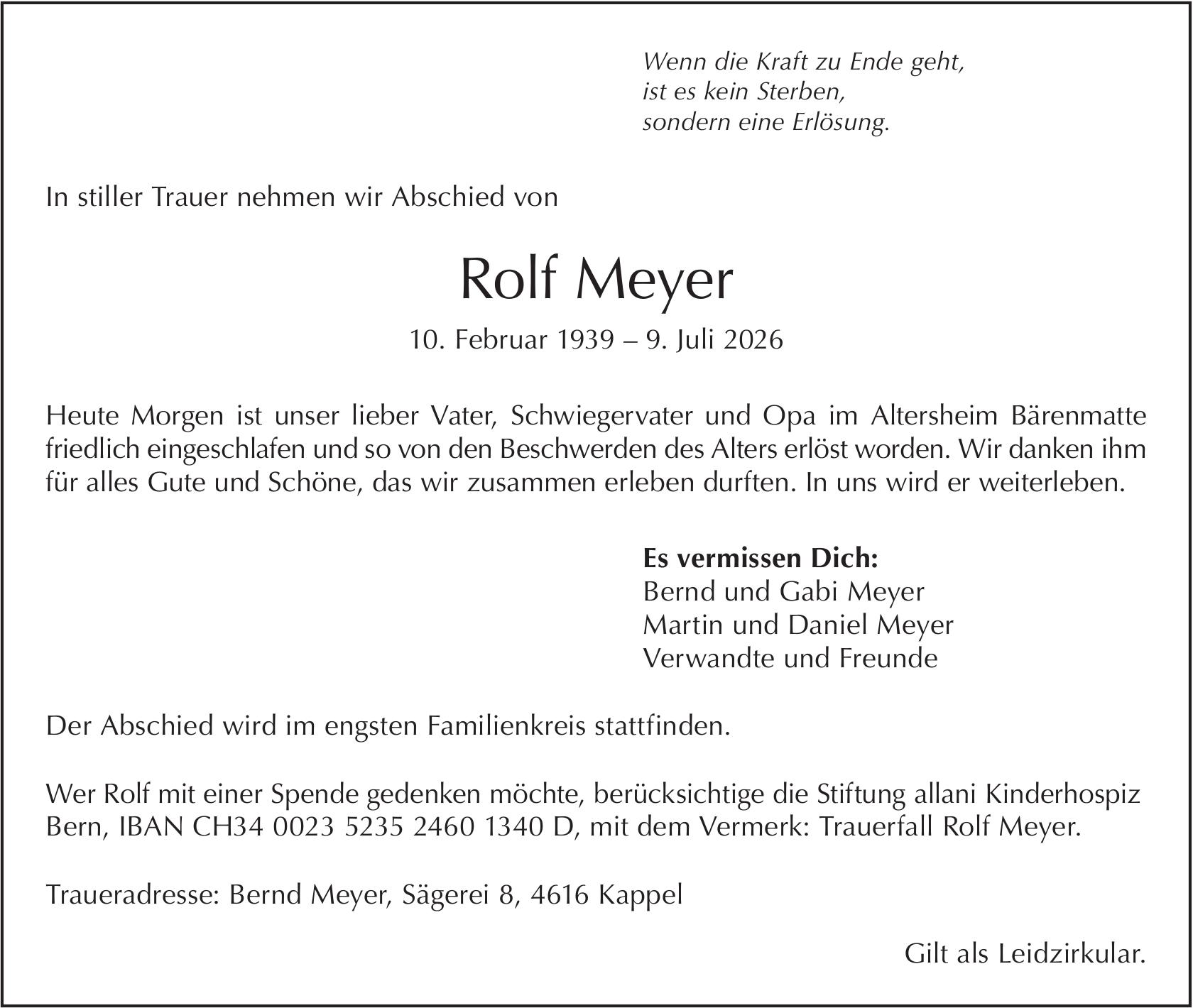 Rolf Meyer, Juli 2026 / TA