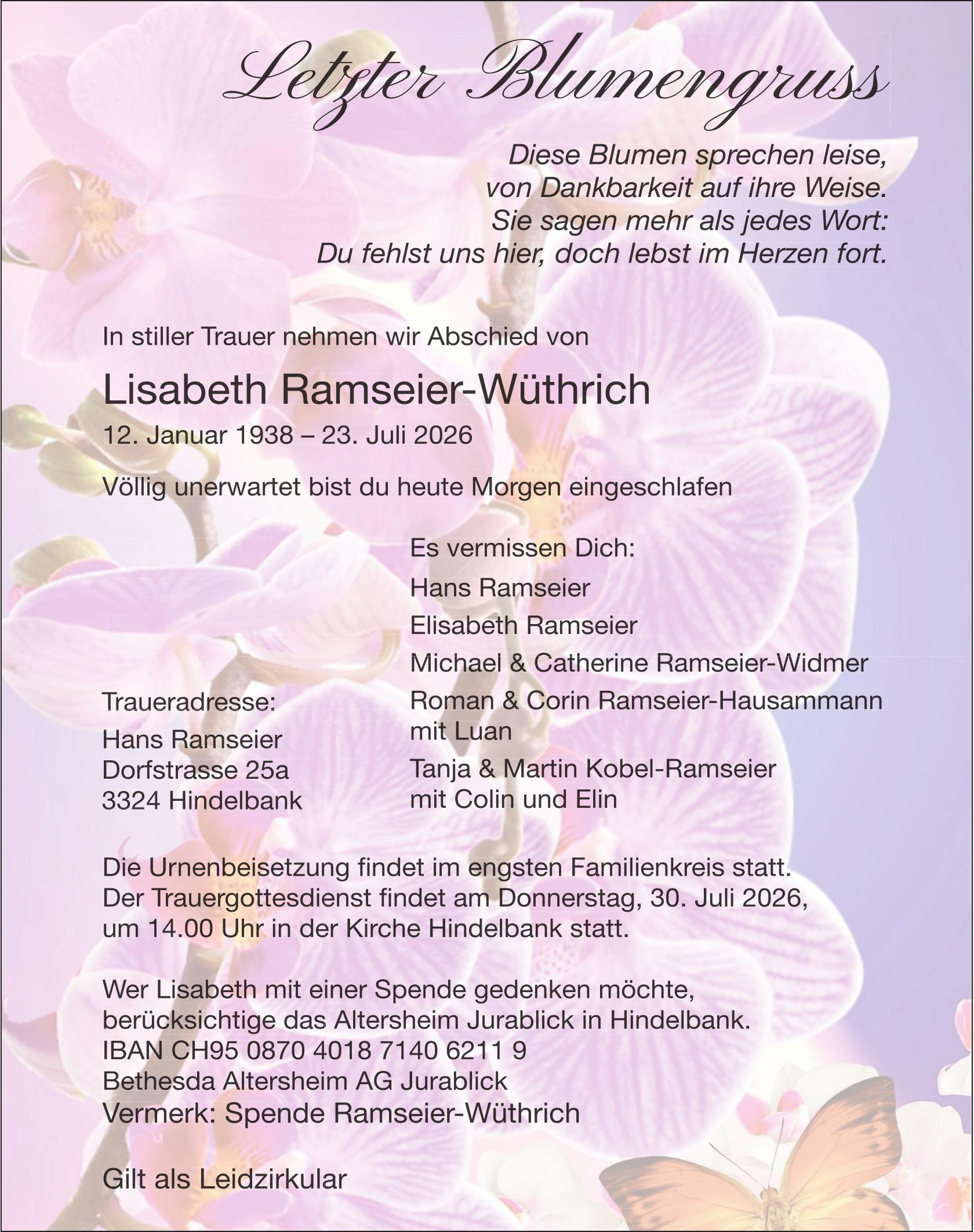 Lisabeth Ramseier-Wüthrich, Juli 2026 / TA