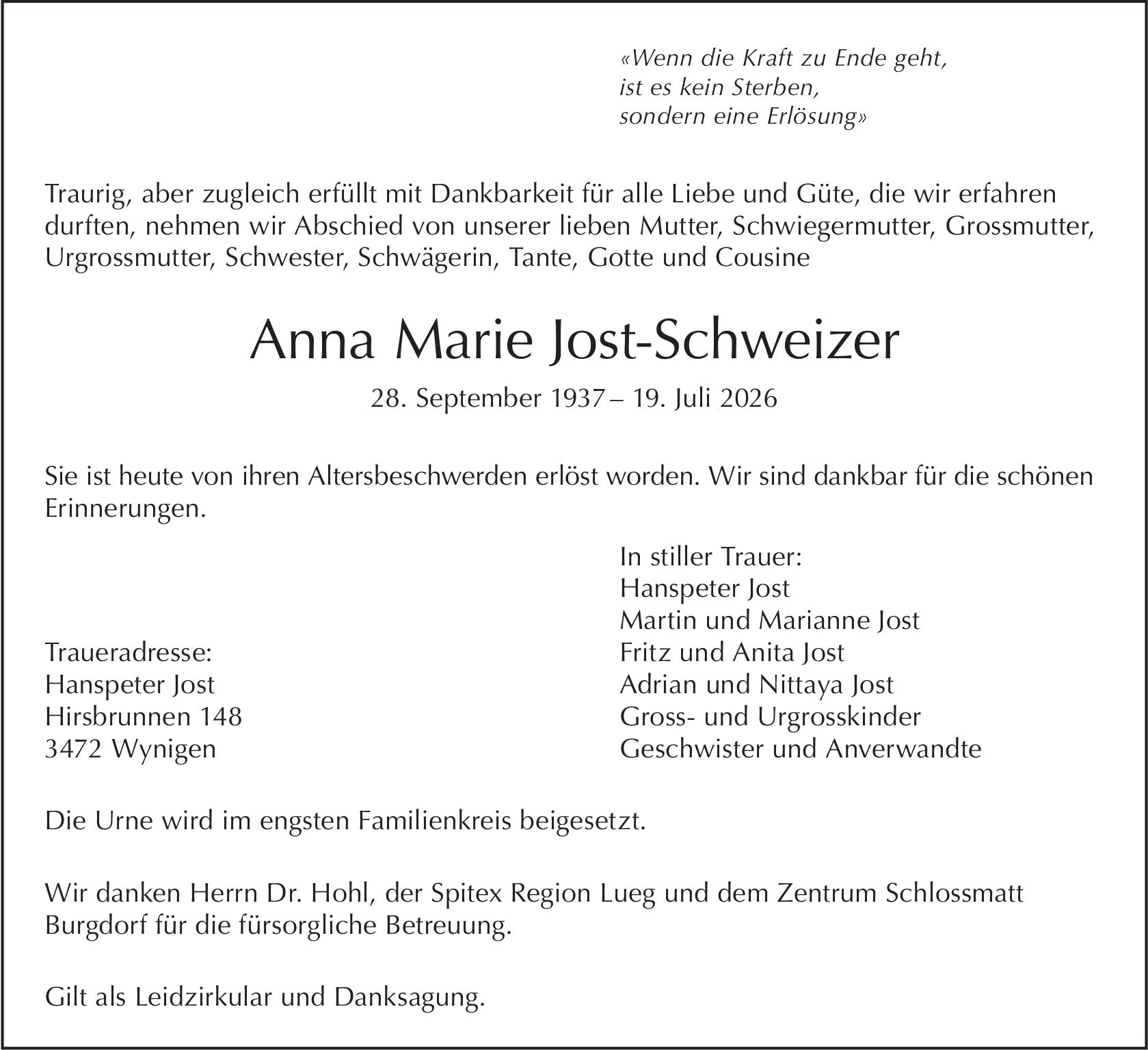 Anna Marie Jost-Schweizer, Juli 2026 / TA