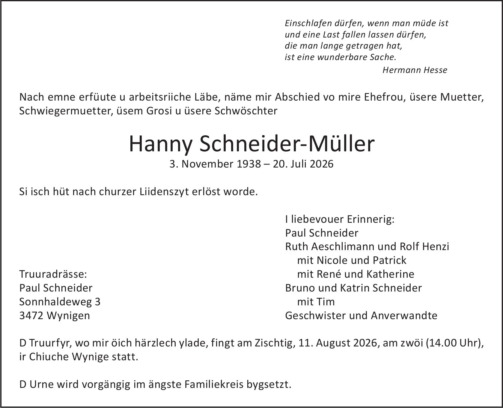 Hanny Schneider-Müller, Juli 2026 / TA