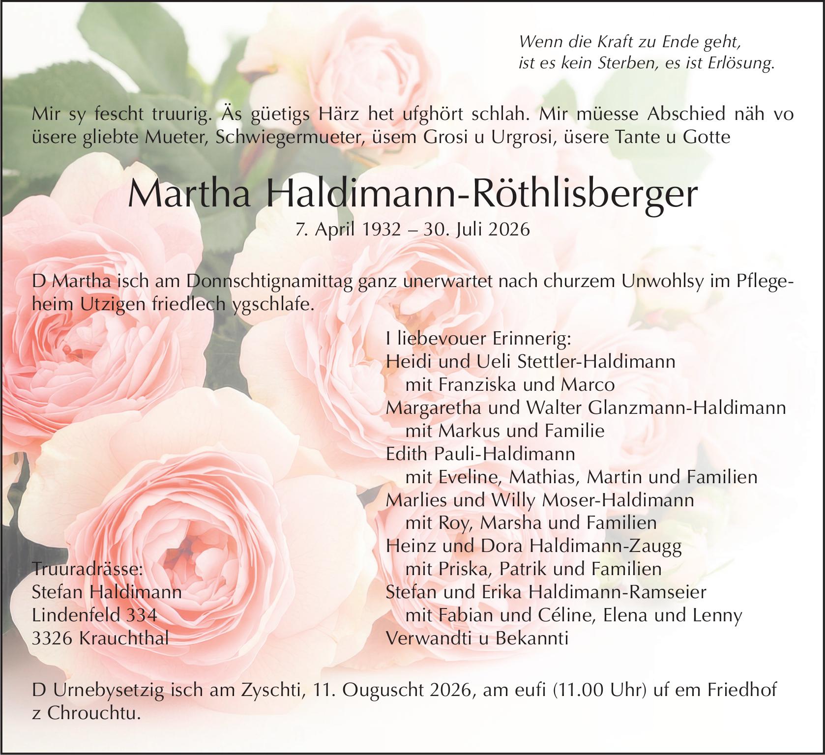 Martha Haldimann-Röthlisberger, Juli 2026 / TA