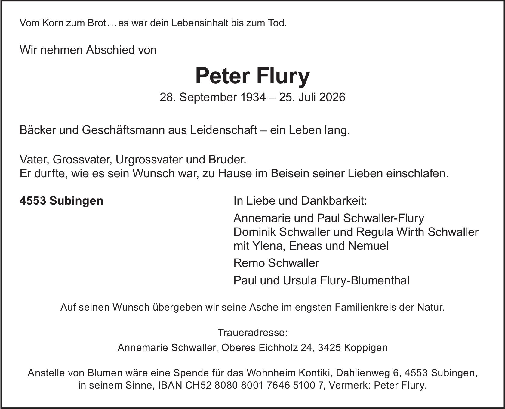 Peter Flury, Juli 2026 / TA
