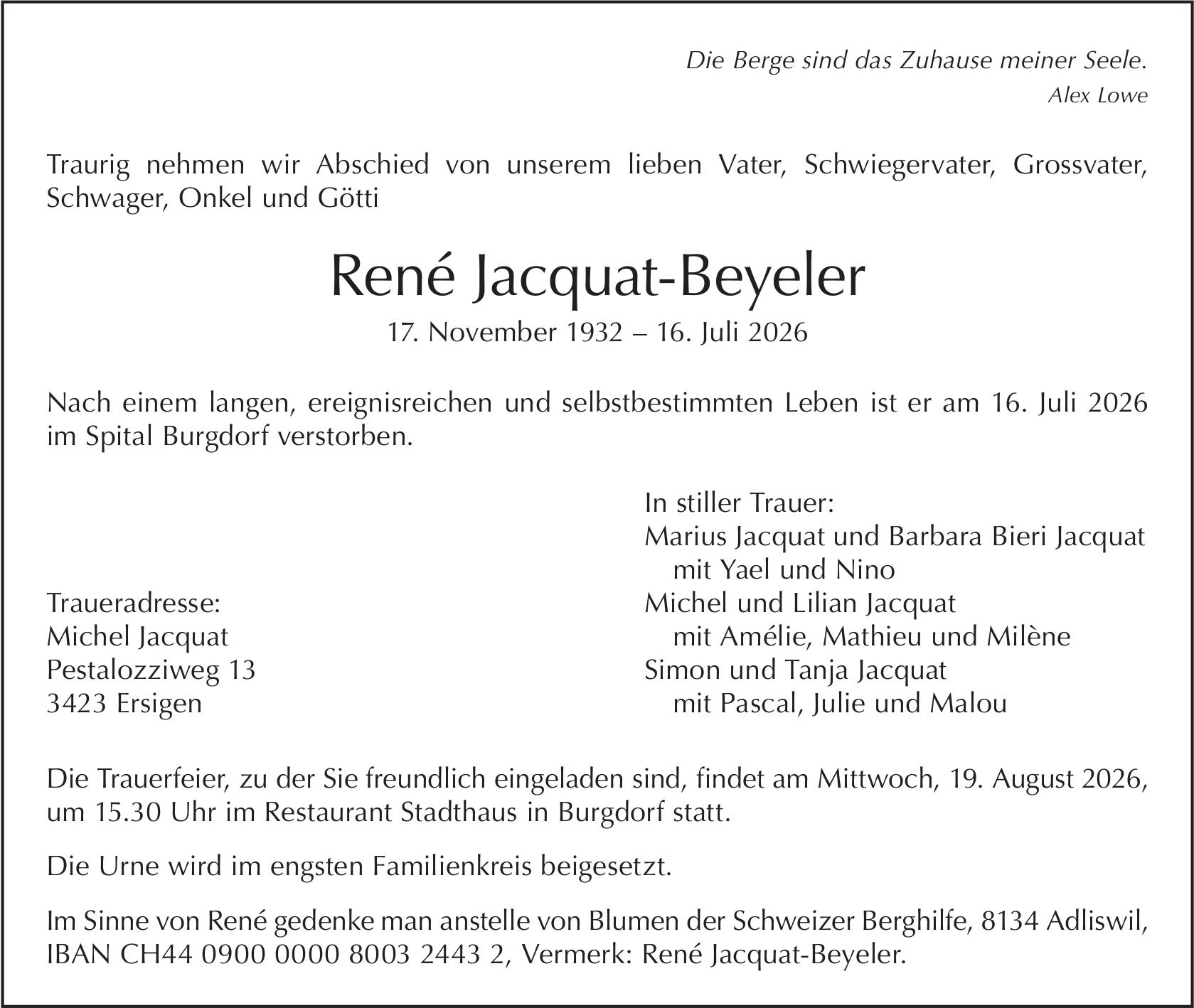 René Jacquat-Beyeler, Juli 2026 / TA