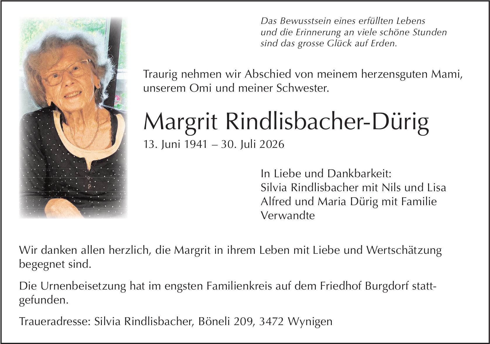 Margrit Rindlisbacher-Dürig, Juli 2026 / TA