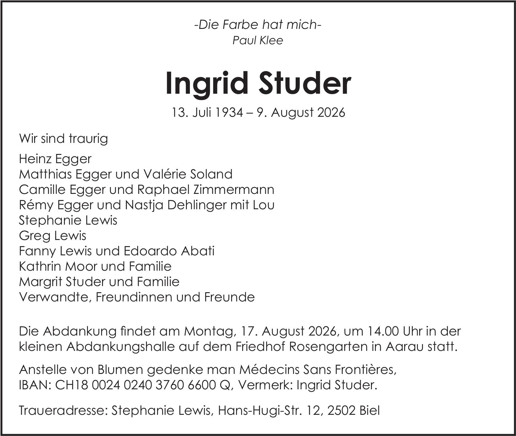 Ingrid Studer, August 2026 / TA