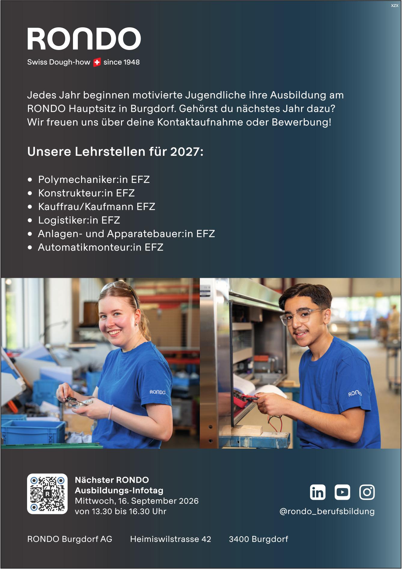 Unsere Lehrstellen für 2027: Polymechaniker:in EFZ, Konstrukteur:in EFZ,  Kauffrau/Kaufmann EFZ, RONDO Burgdorf AG, gesucht