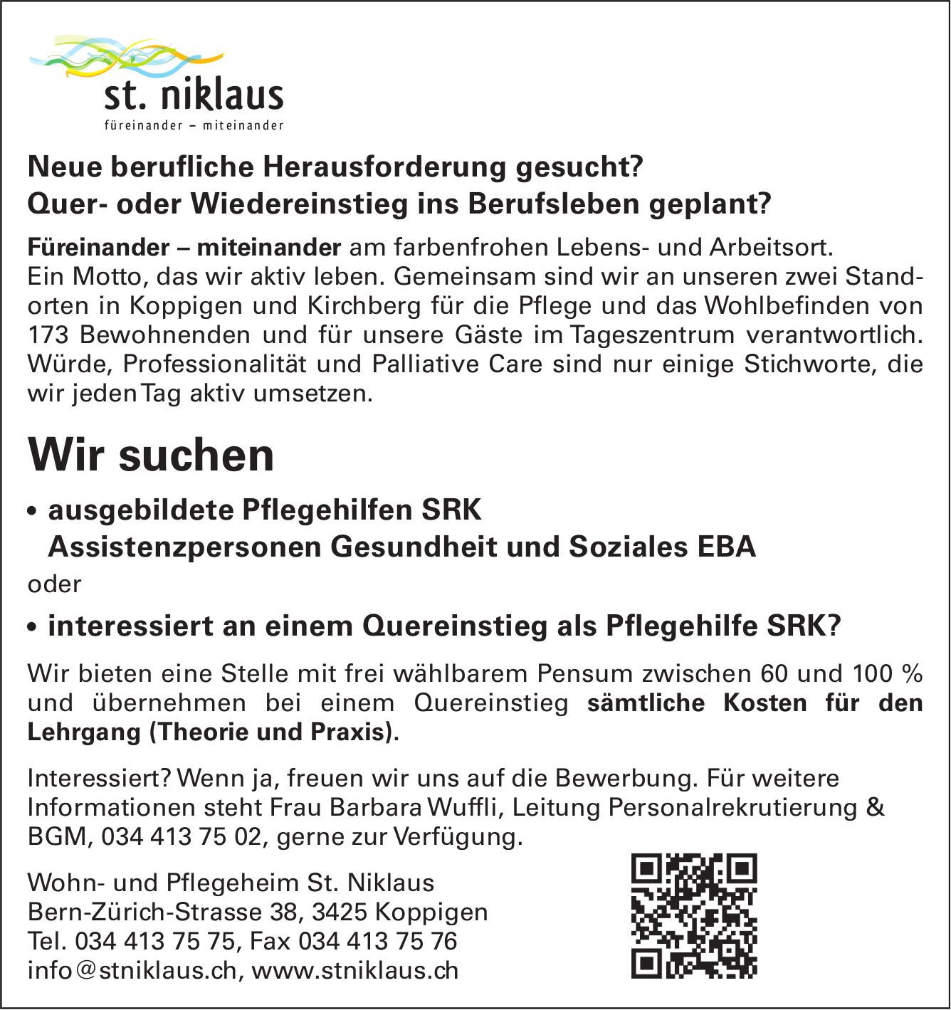 ausgebildete Pflegehilfen SRK, st. niklaus, Koppigen, Gesucht