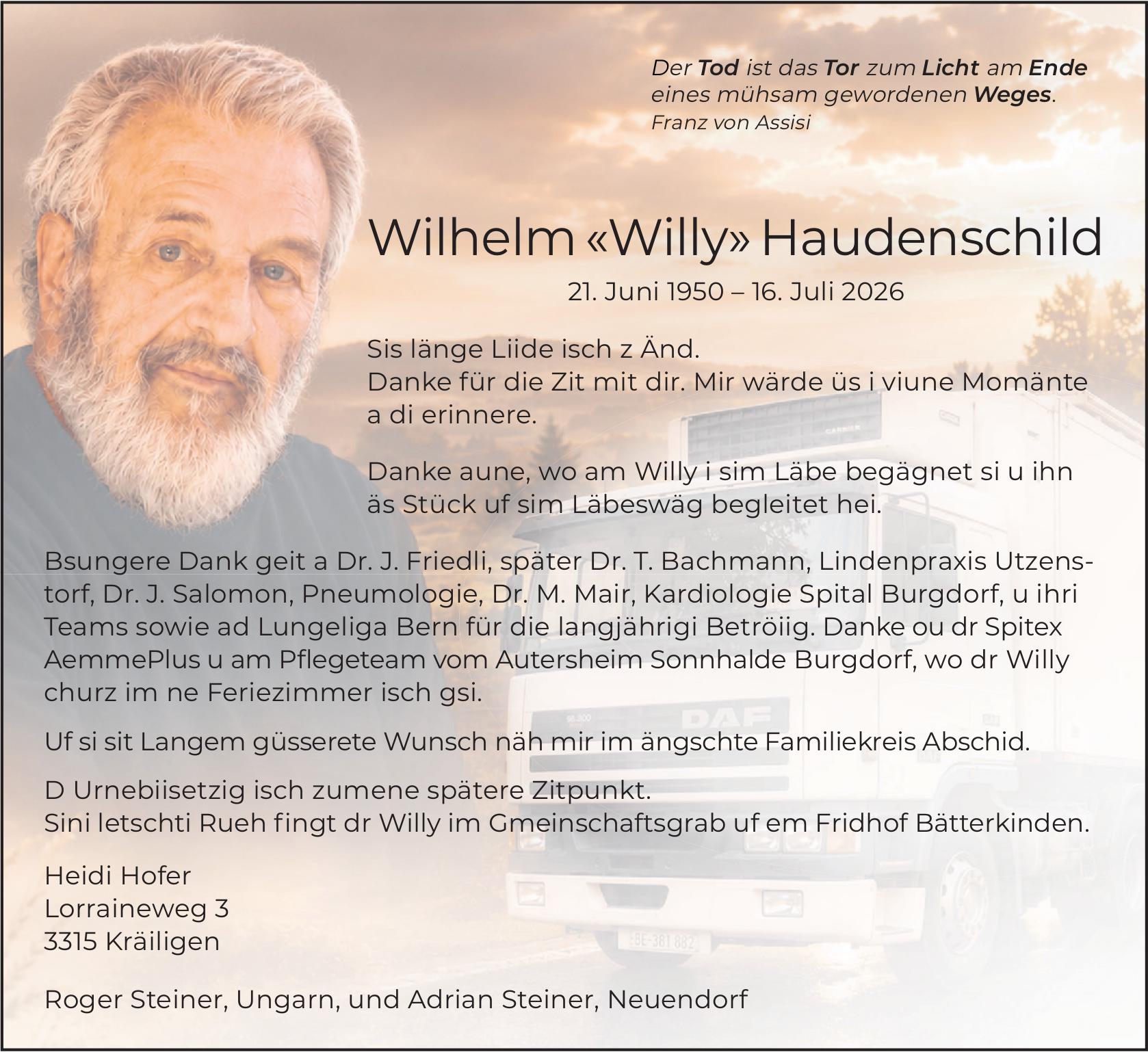 Wilhelm «Willy» Haudenschild, Juli 2026 / TA