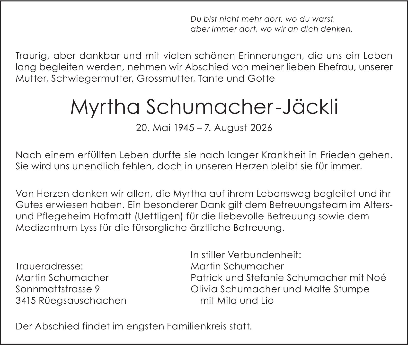 Myrtha Schumacher-Jäckli, August 2026 / TA