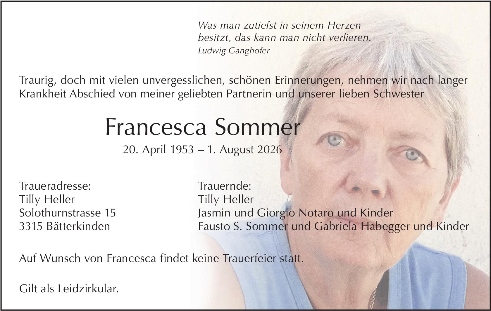 Francesca Sommer, August 2026 / TA