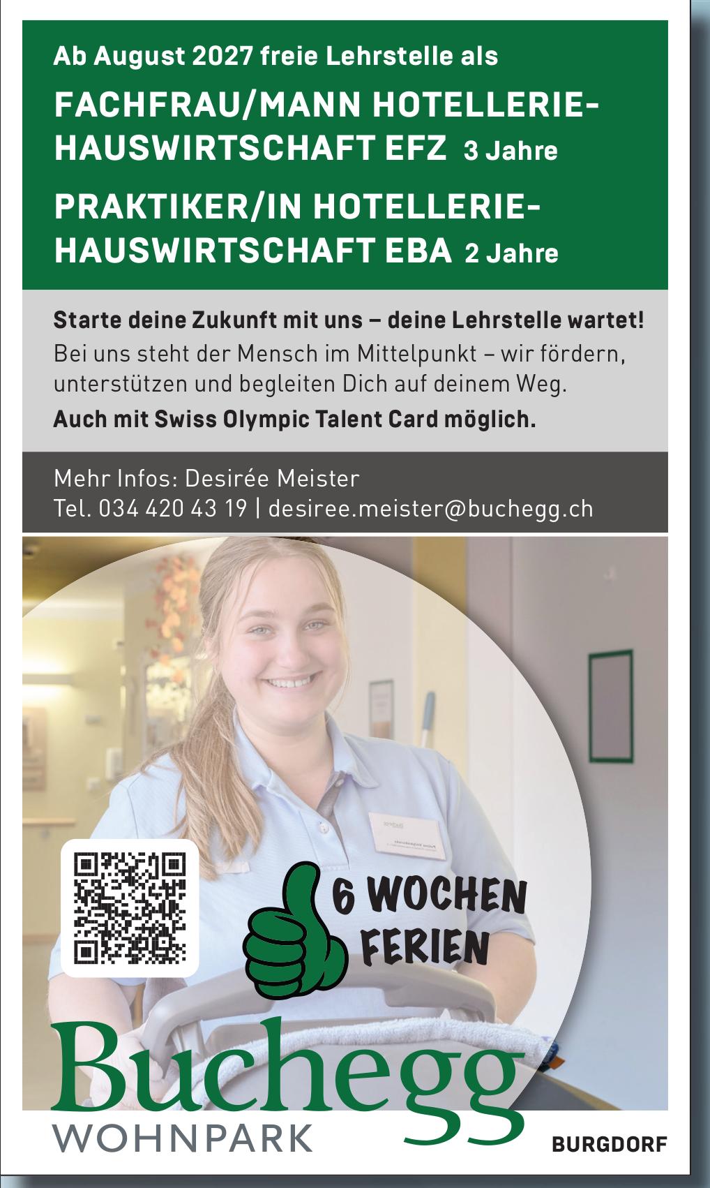 FACHFRAU/MANN HOTELLERIE-HAUSWIRTSCHAFT EFZ 3 Jahre, Buchegg Wohnpark, Burgdorf, Gesucht