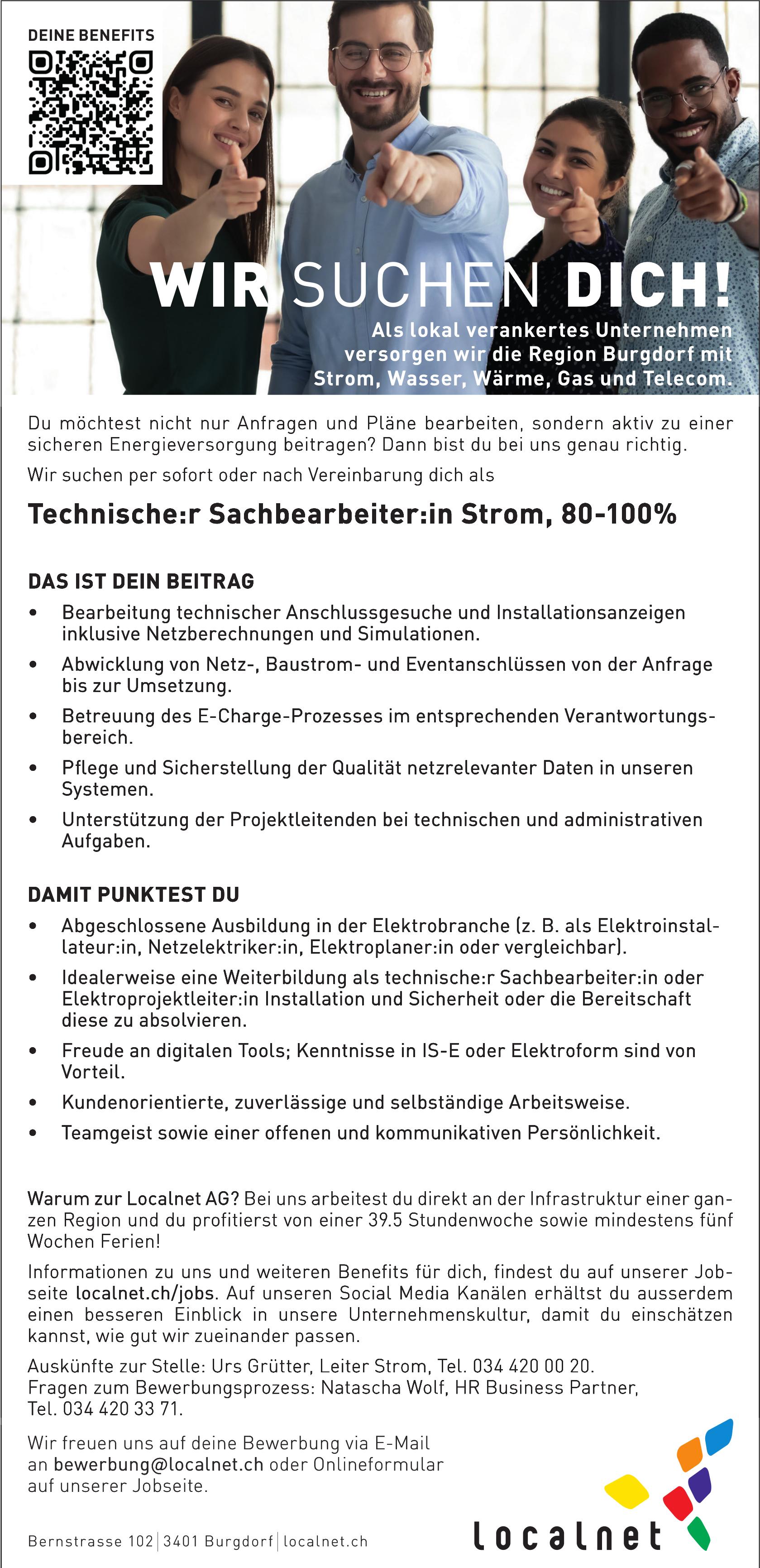 Technische:r Sachbearbeiter:in Strom, 80-100%, localnet AG, Burgdorf, Gesucht
