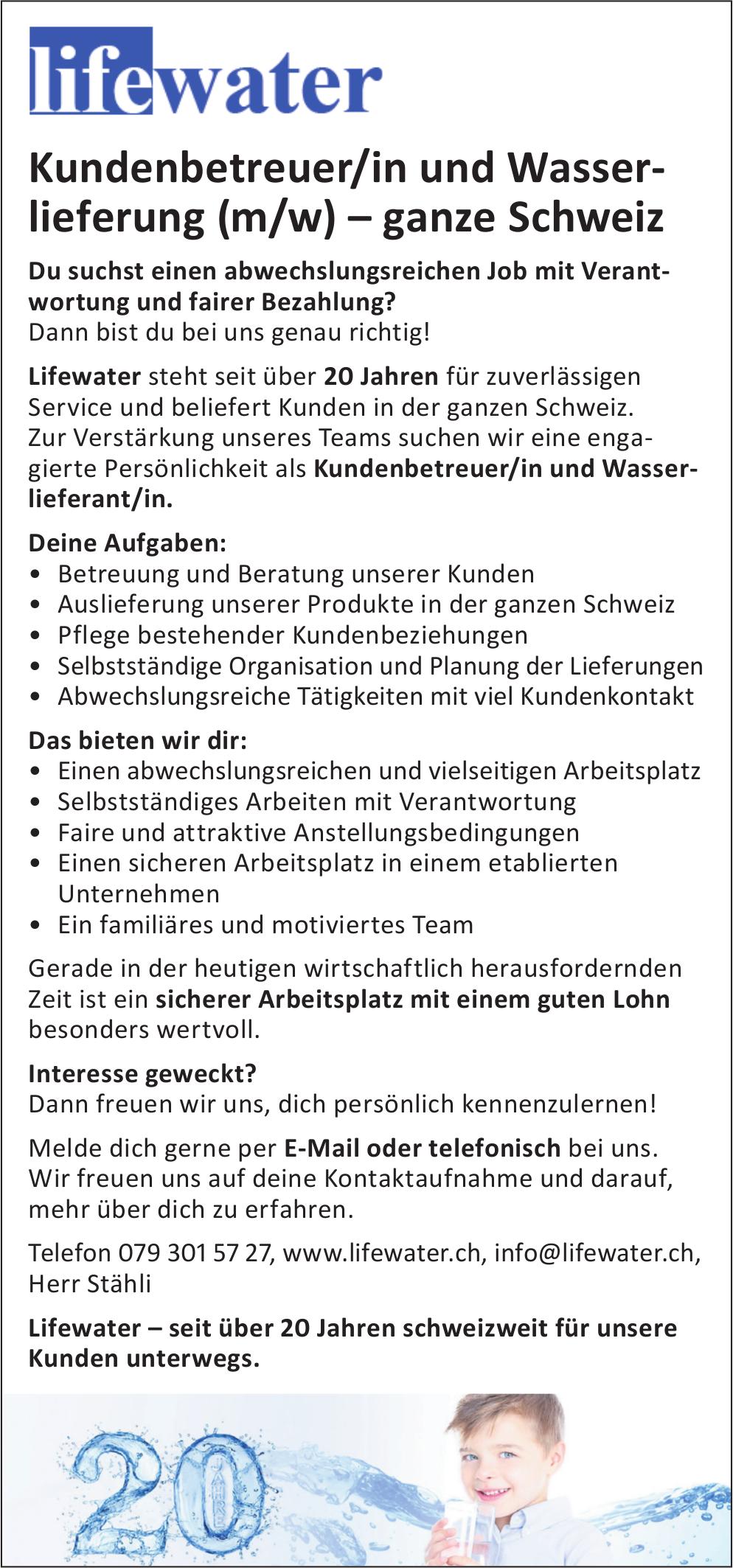Kundenbetreuer/in und Wasserlieferung (m/w) – ganze Schweiz, lifewater, Gesucht