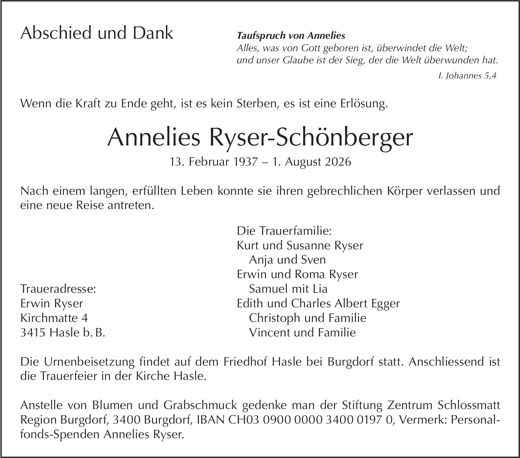Annelies Ryser-Schönberger, August 2026 / TA