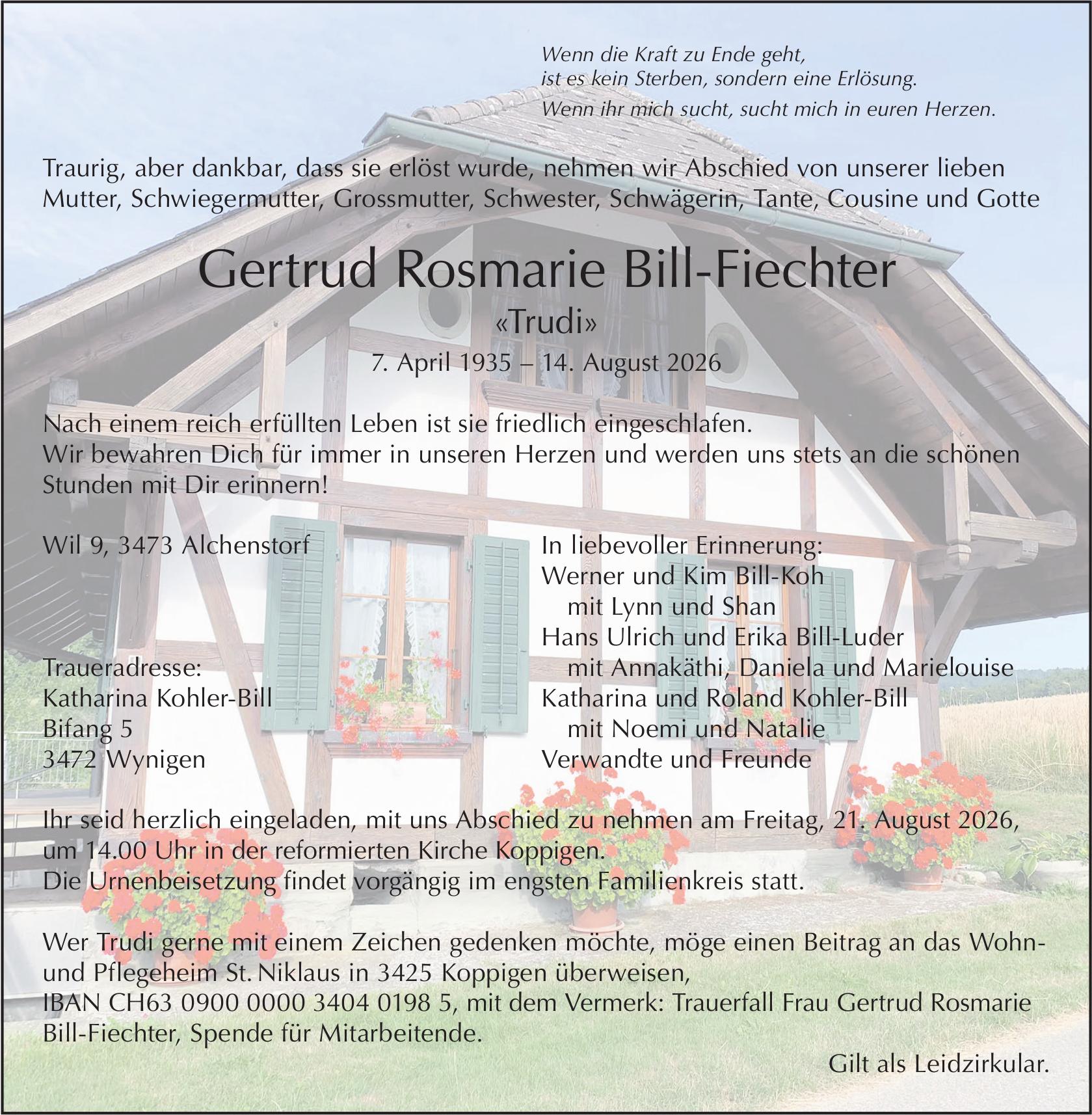 Gertrud Rosmarie Bill-Fiechter, August 2026 / TA