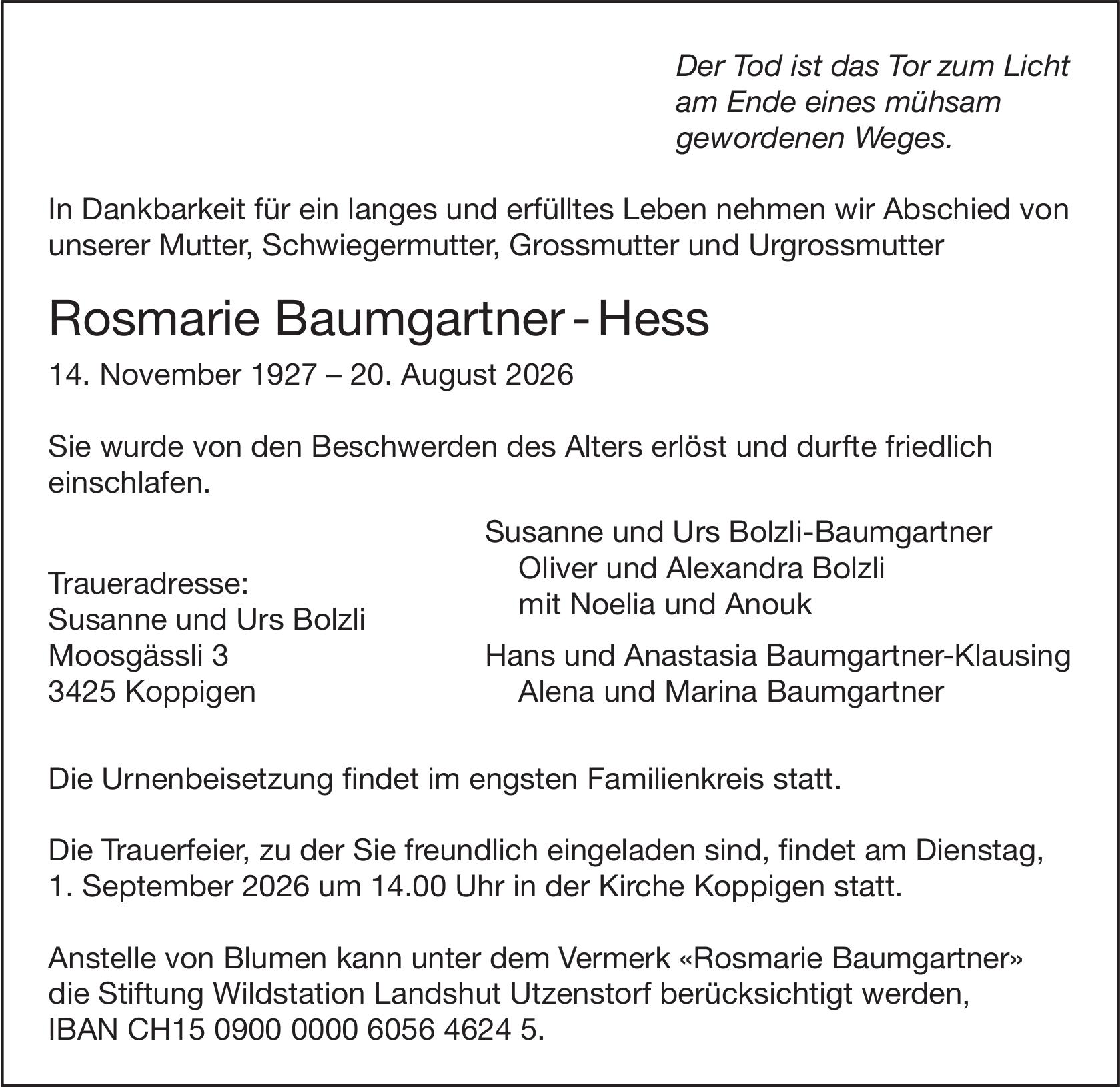 Rosmarie Baumgartner-Hess, August 2026 / TA