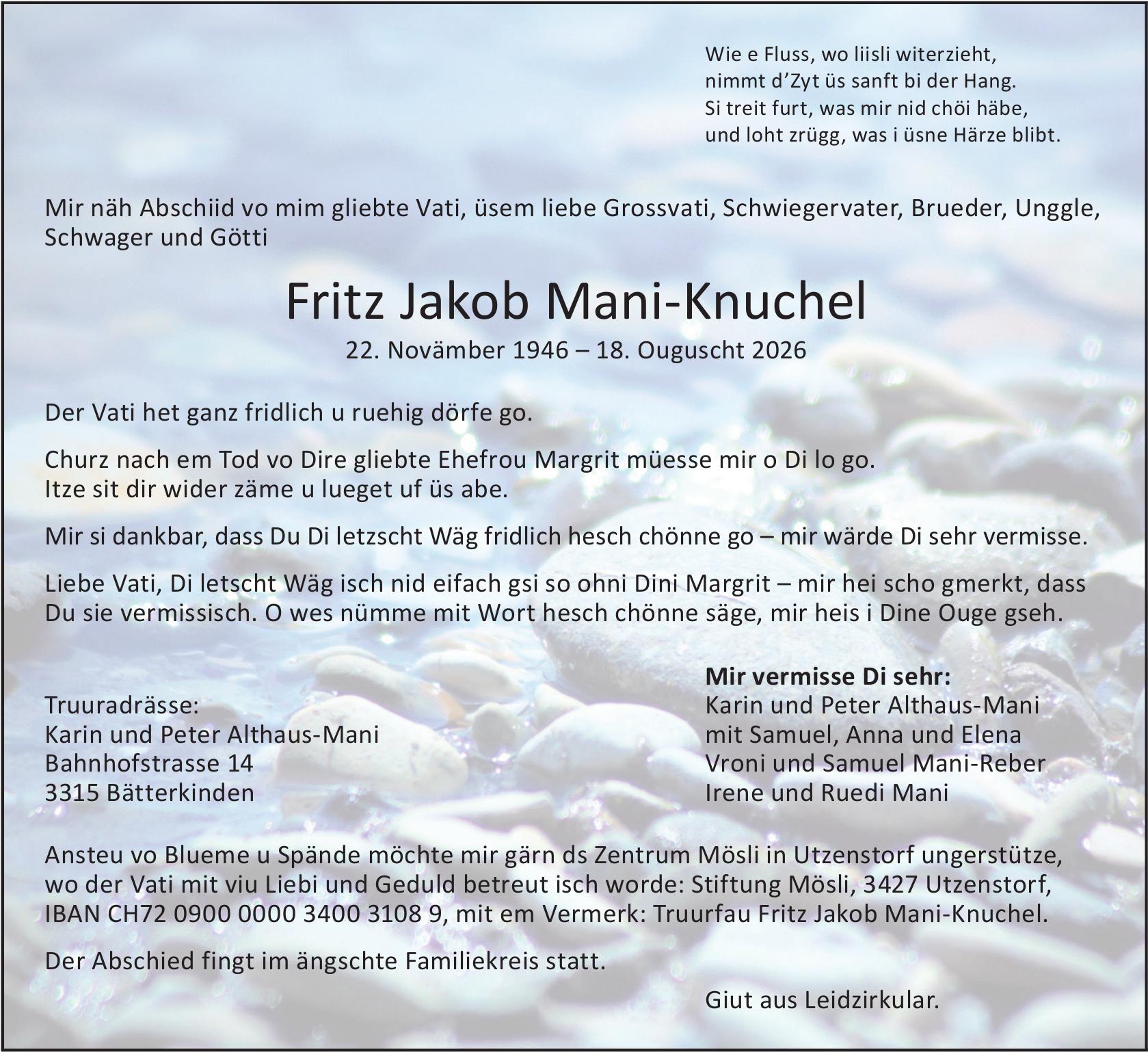 Fritz Jakob Mani-Knuchel, August 2026 / TA
