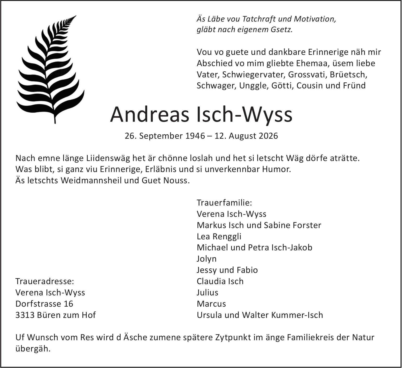 Andreas Isch-Wyss, August 2026 / TA