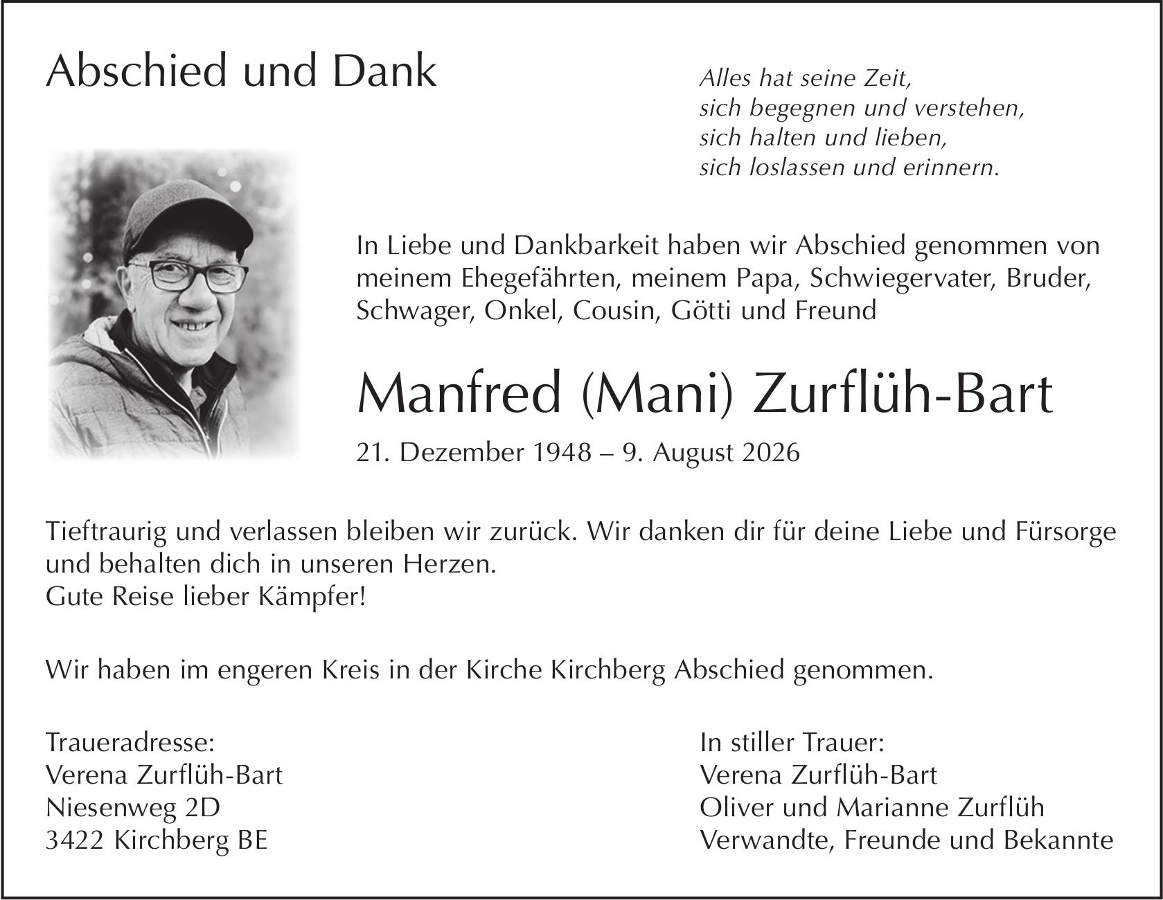 Manfred (Mani) Zurflüh-Bart, August 2026 / TA
