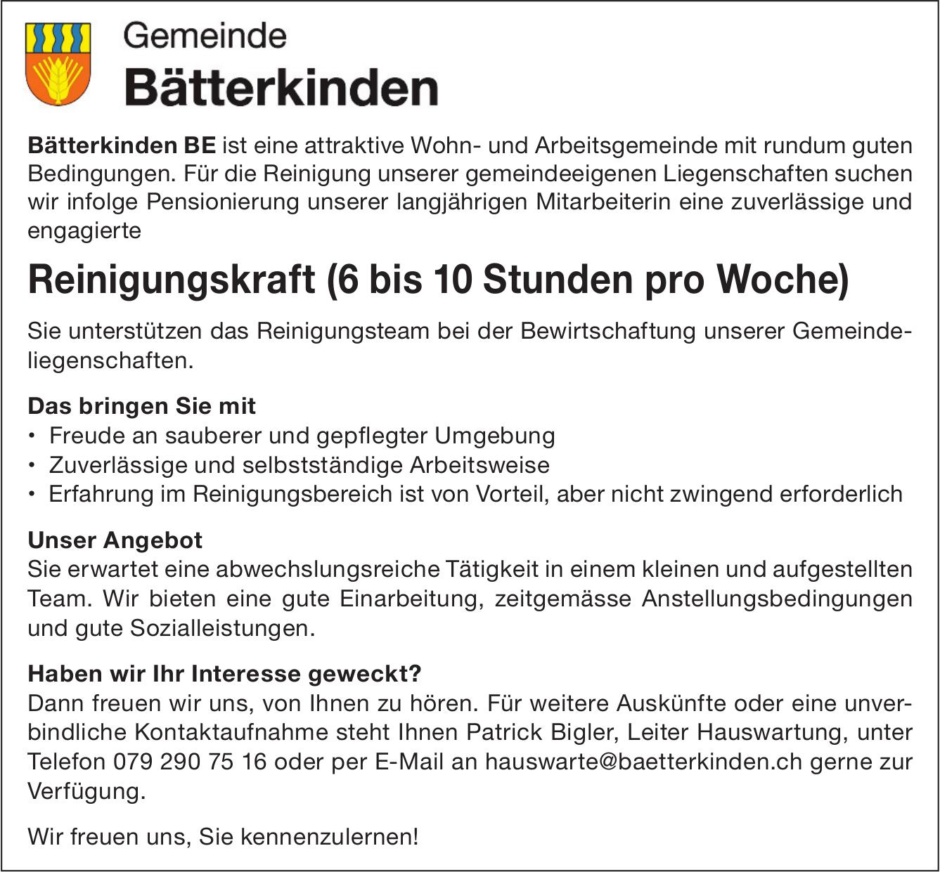 Reinigungskraft (6 bis 10 Stunden pro Woche), Gemeinde Bätterkinden, Gesucht