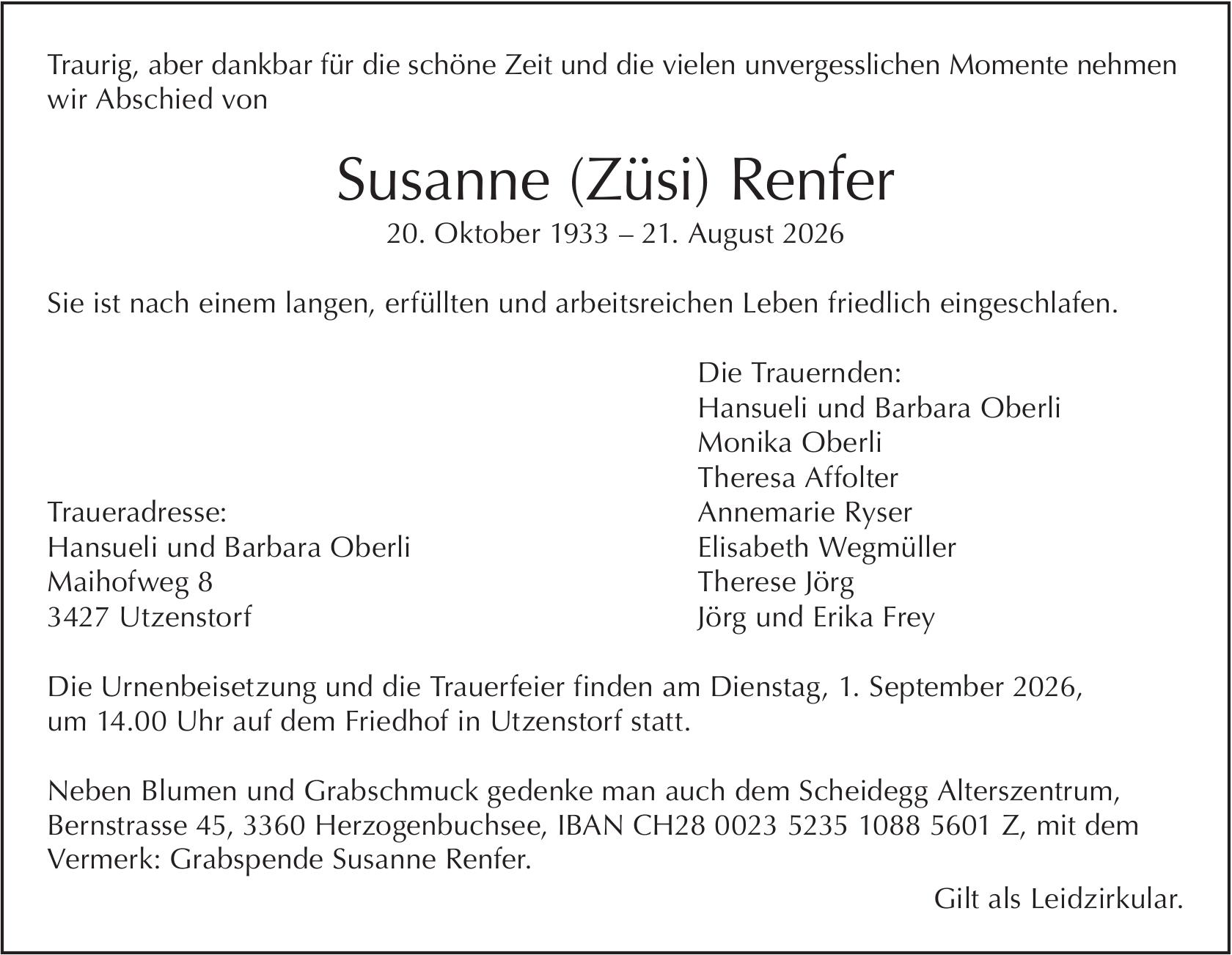 Susanne (Züsi) Renfer, August 2026 / TA