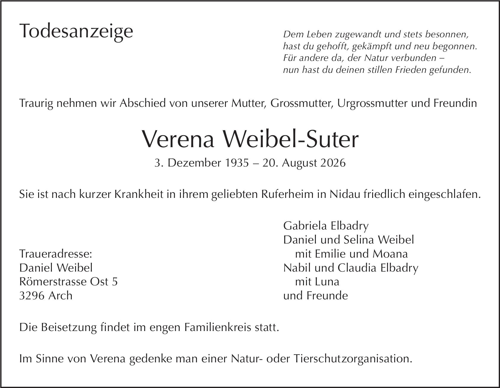 Verena Weibel-Suter, August 2026 / TA