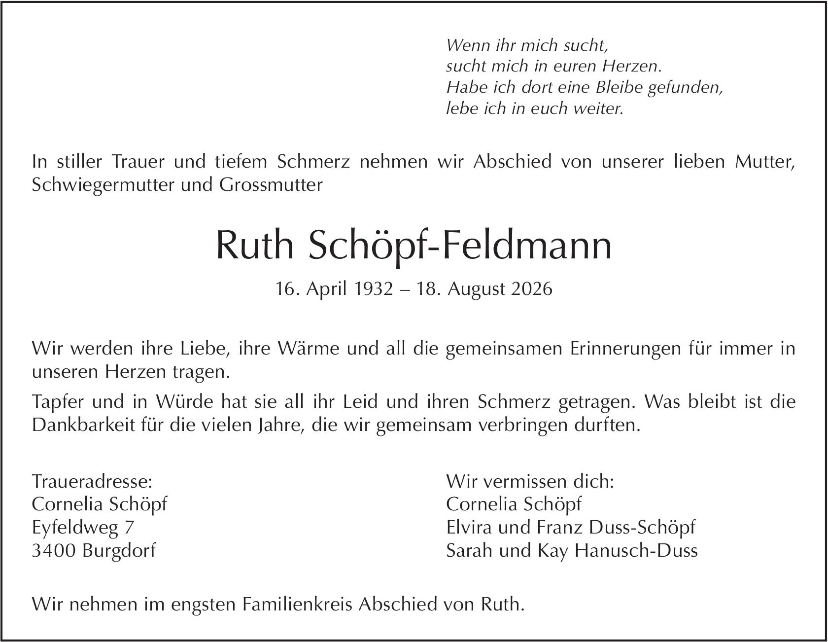 Ruth Schöpf-Feldmann, August 2026 / TA