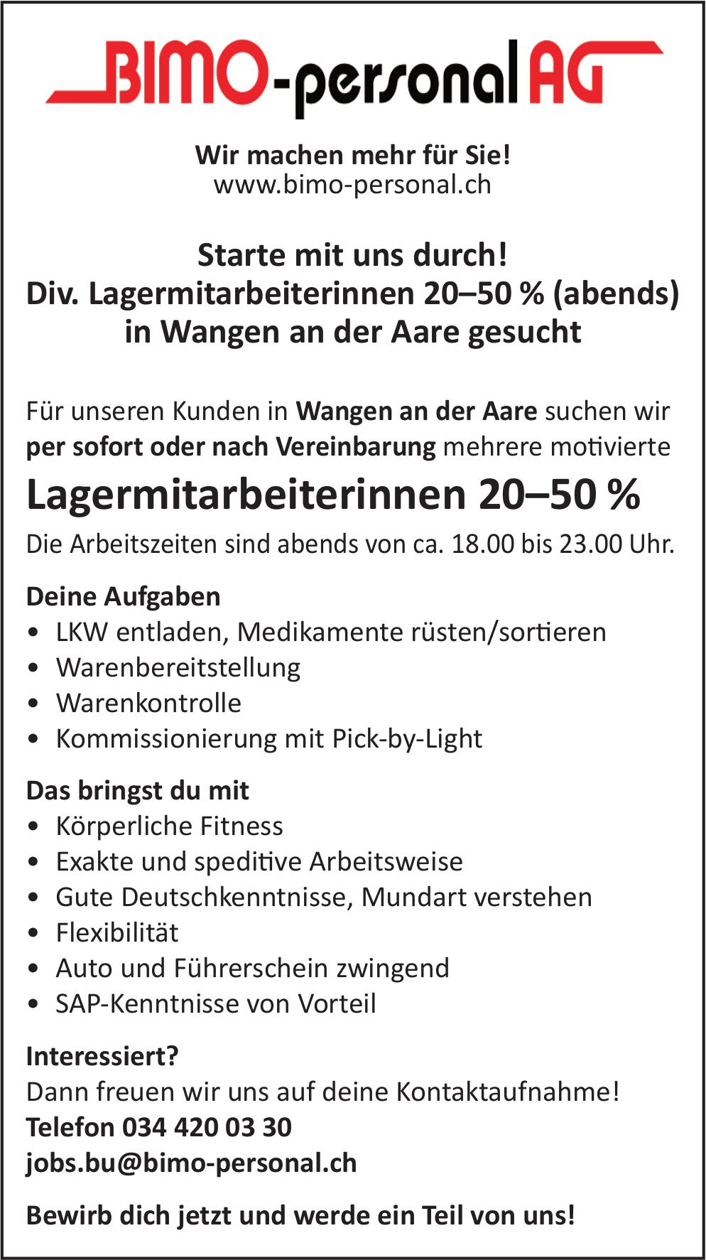 Lagermitarbeiterinnen 20–50 %, BIMO-personal AG, Wangen An Der Aare, Gesucht