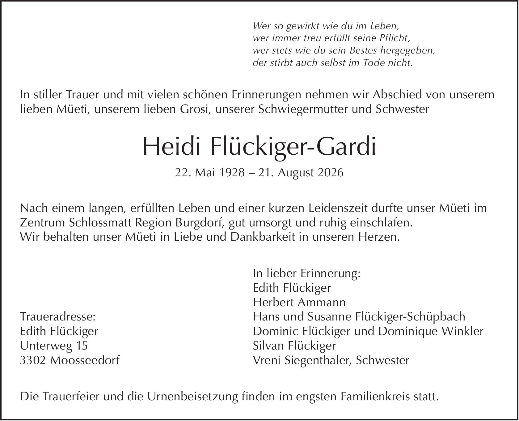 Heidi Flückiger-Gardi, August 2026 / TA