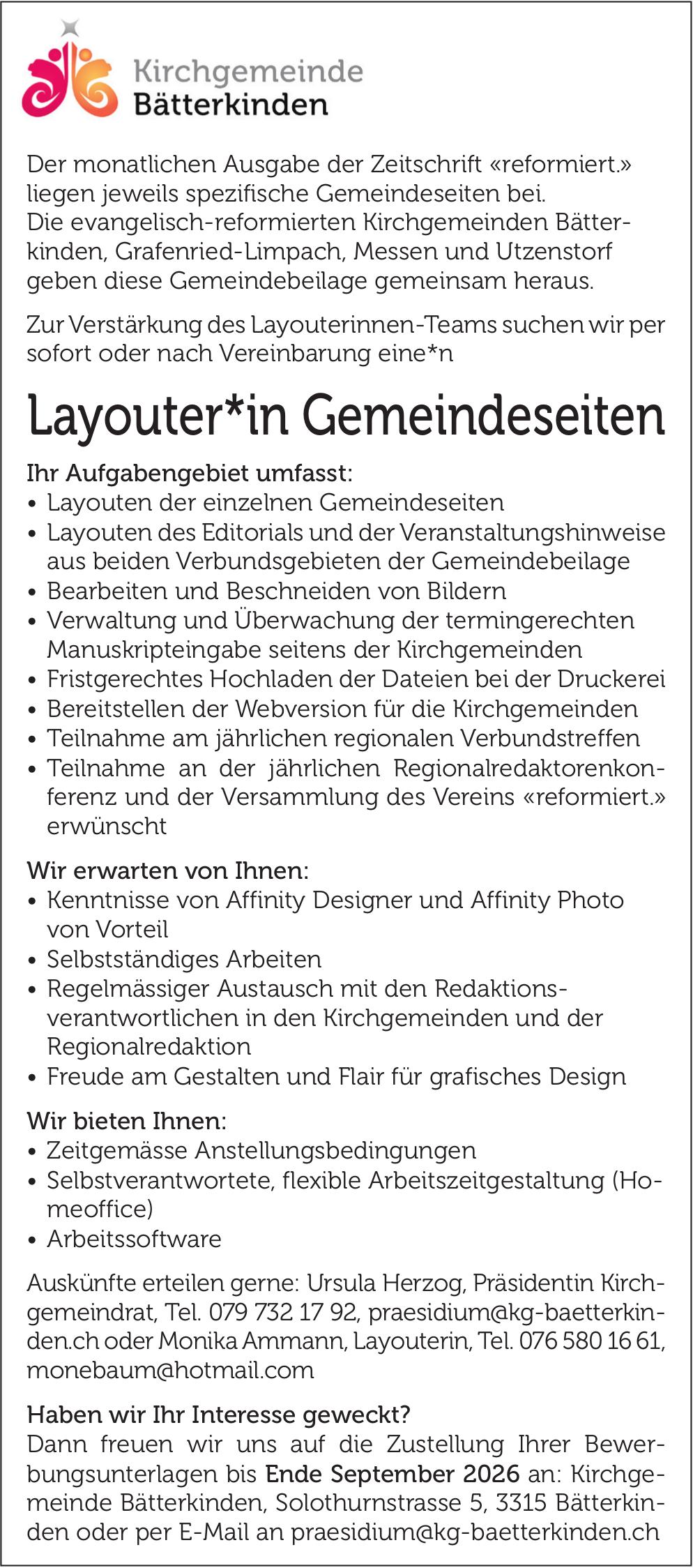 Layouter*in Gemeindeseiten, Kirchgemeinde Bätterkinden, Gesucht