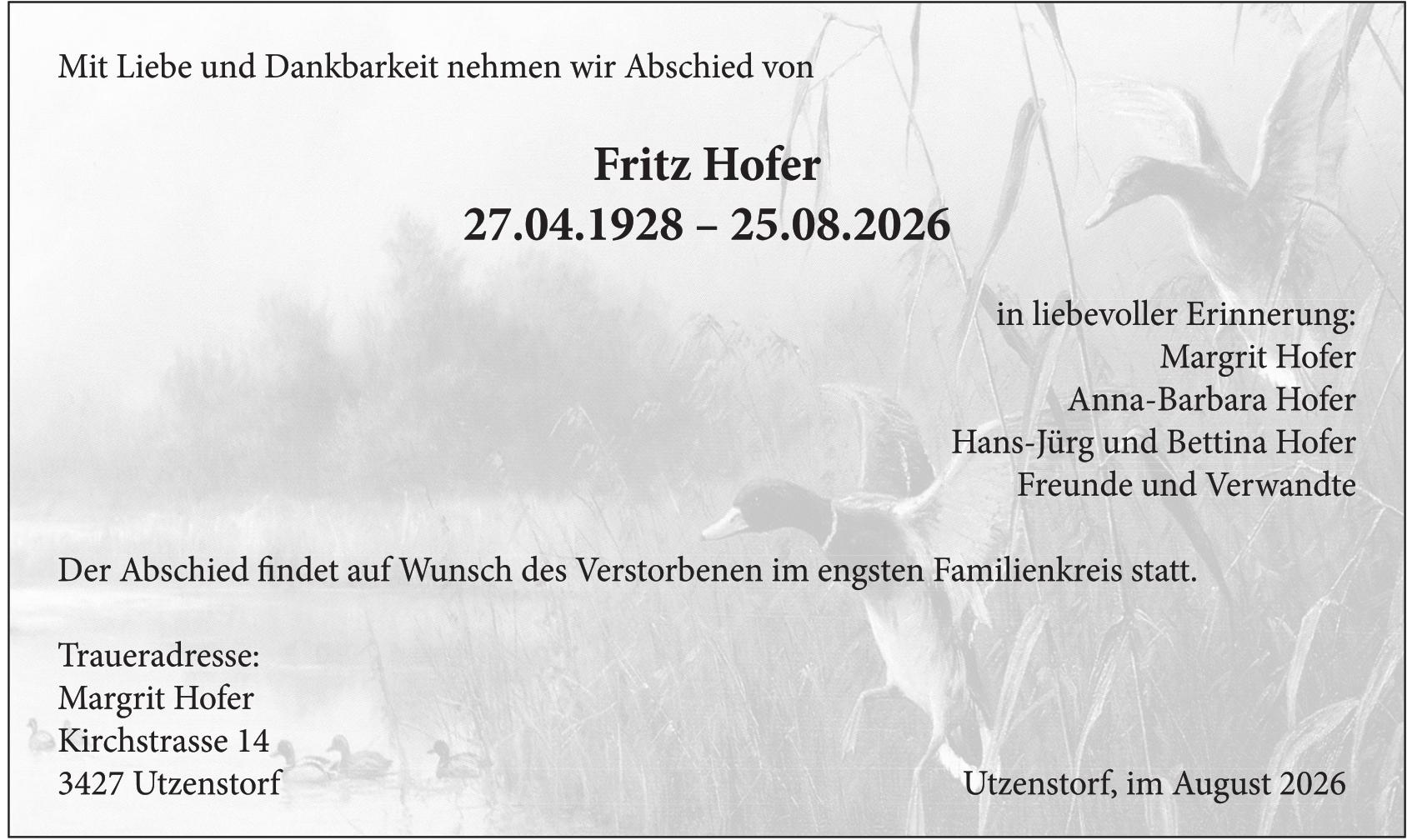 Fritz Hofer, August 2026 / TA
